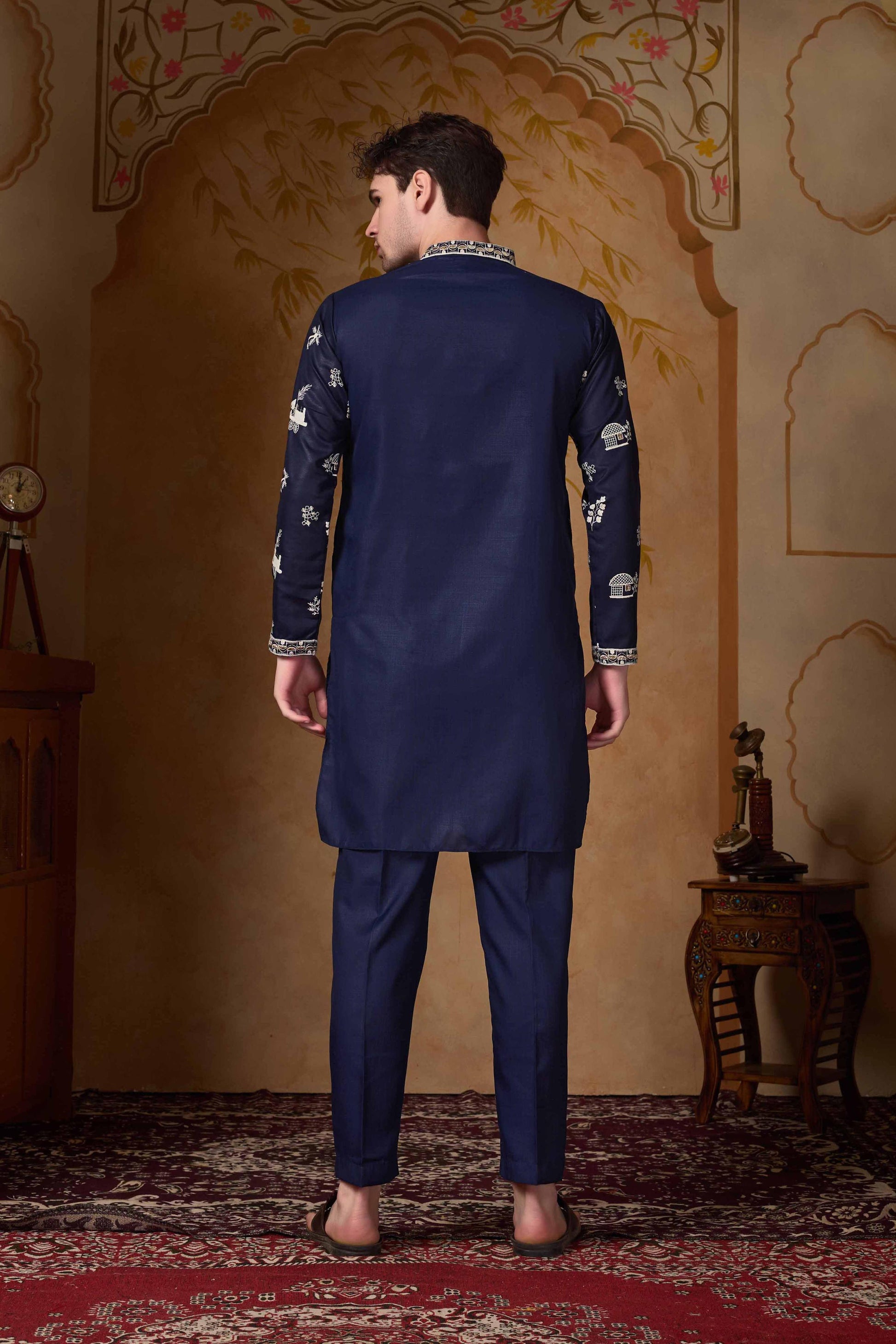 Navy Blue Embroidered Kurta with Pant Set