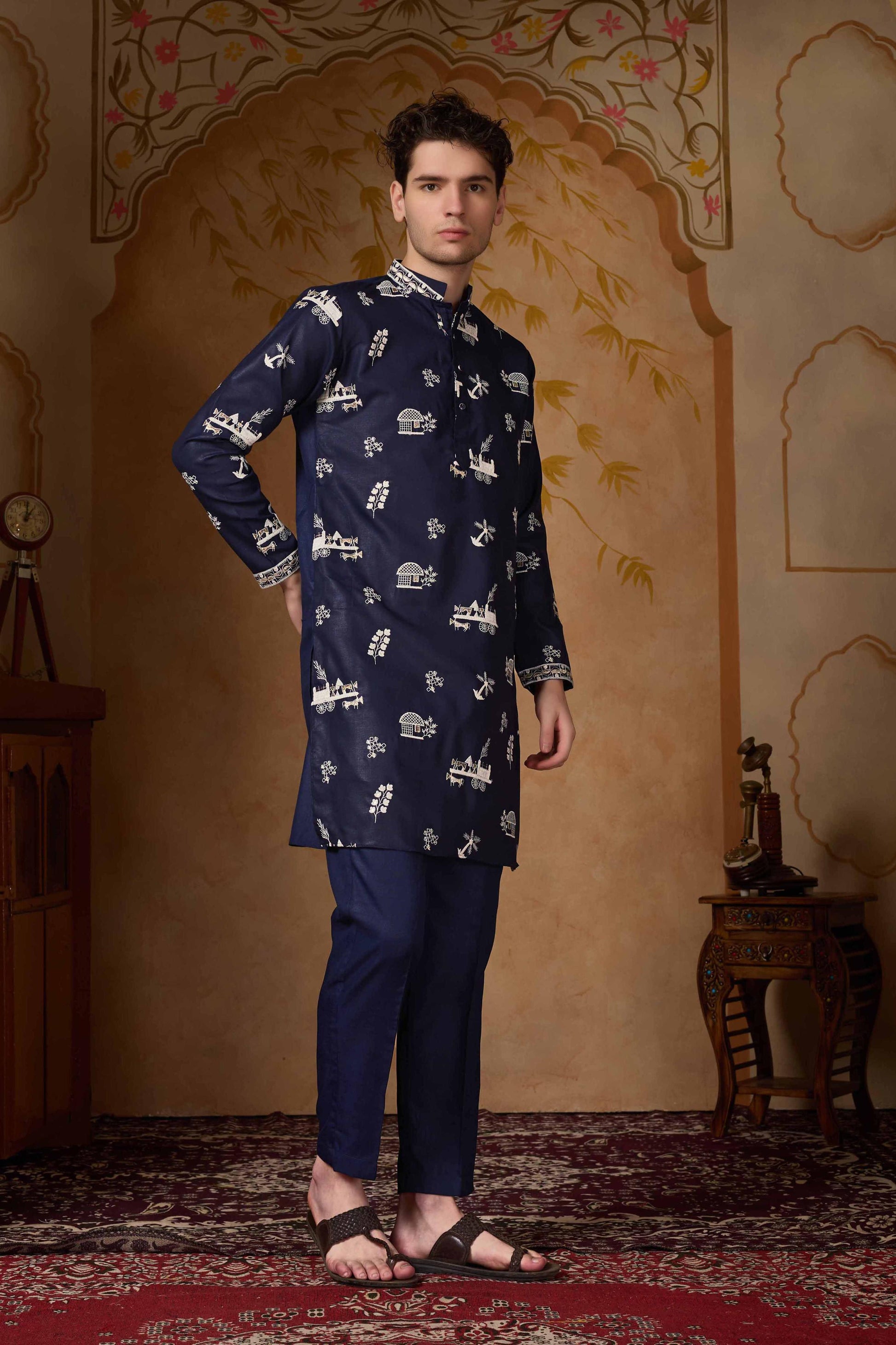 Navy Blue Embroidered Kurta with Pant Set