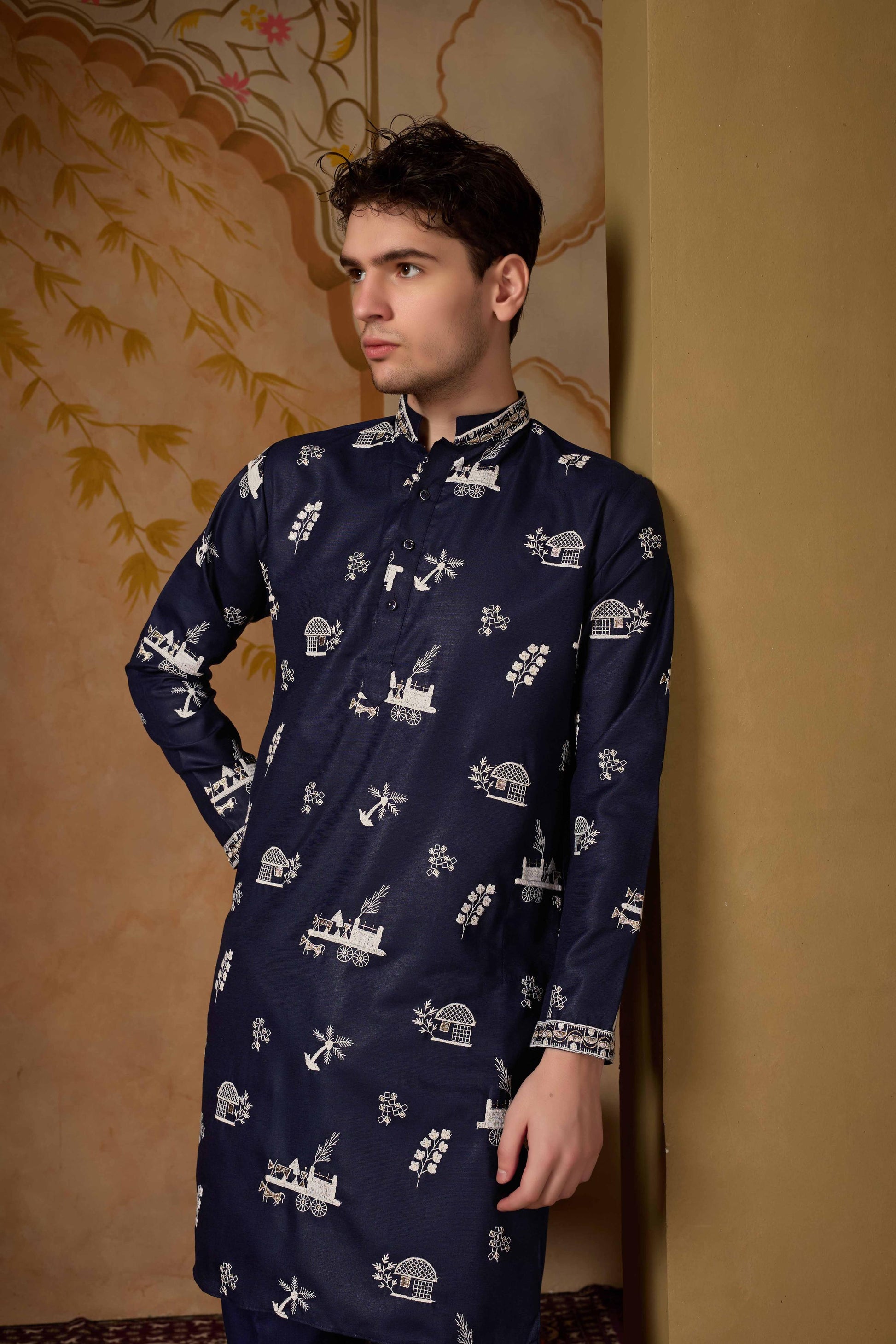 Navy Blue Embroidered Kurta with Pant Set