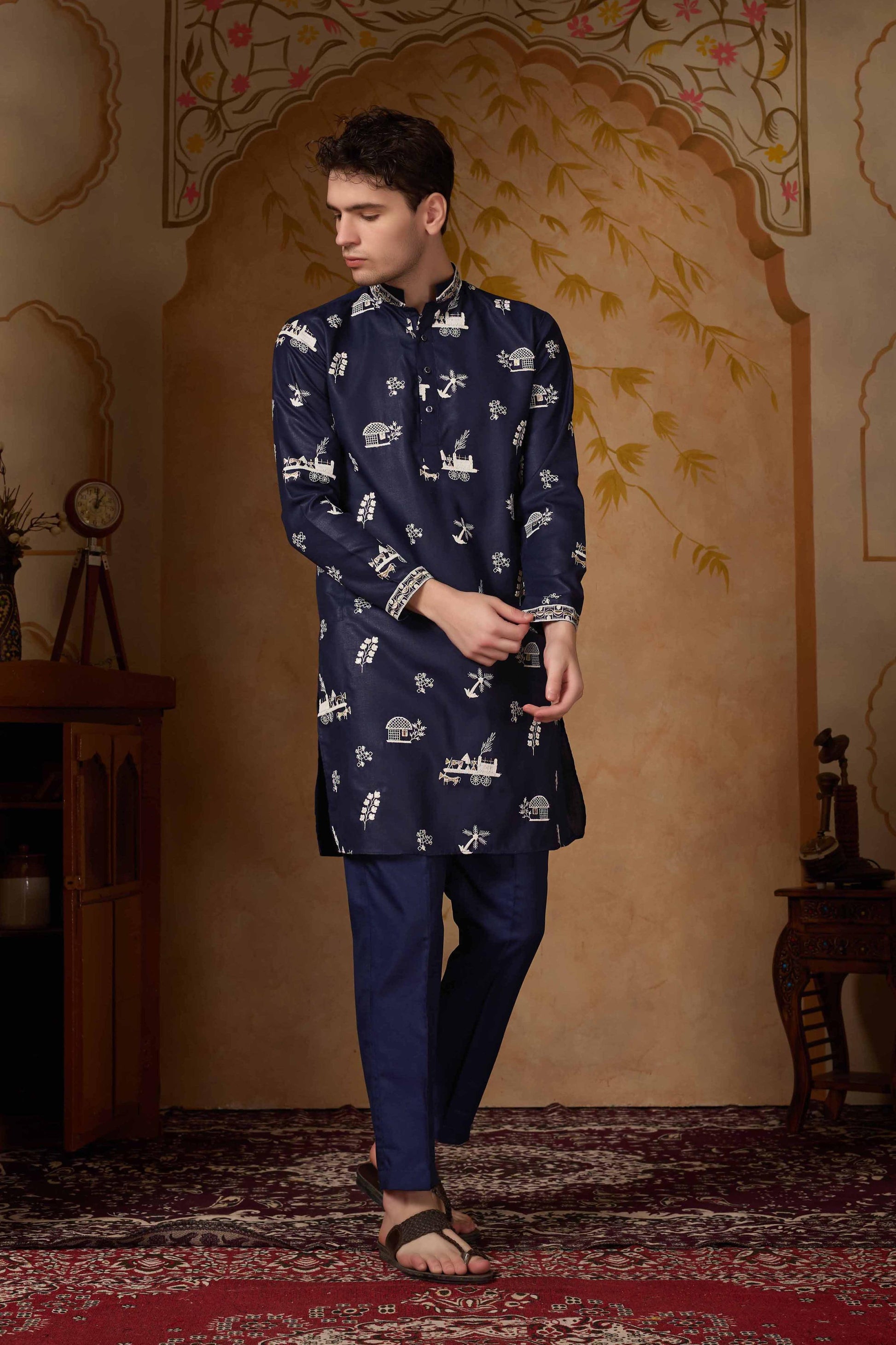 Navy Blue Embroidered Kurta with Pant Set
