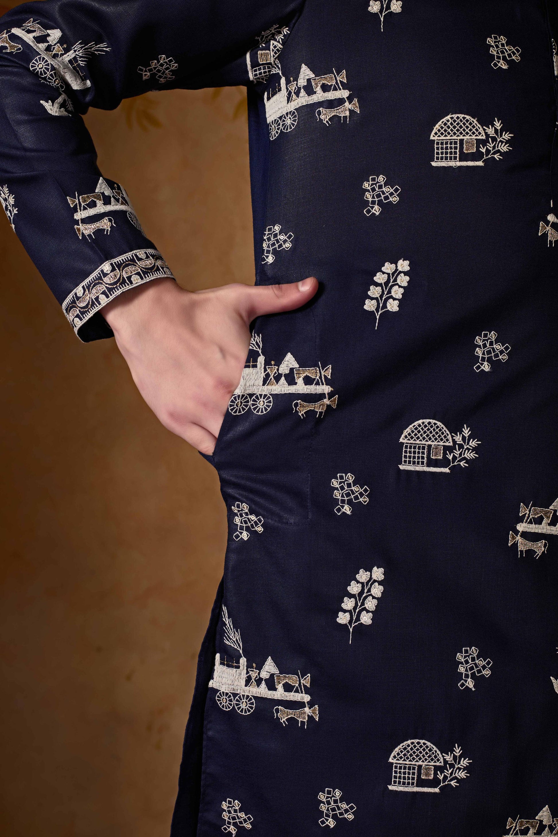 Navy Blue Embroidered Kurta with Pant Set
