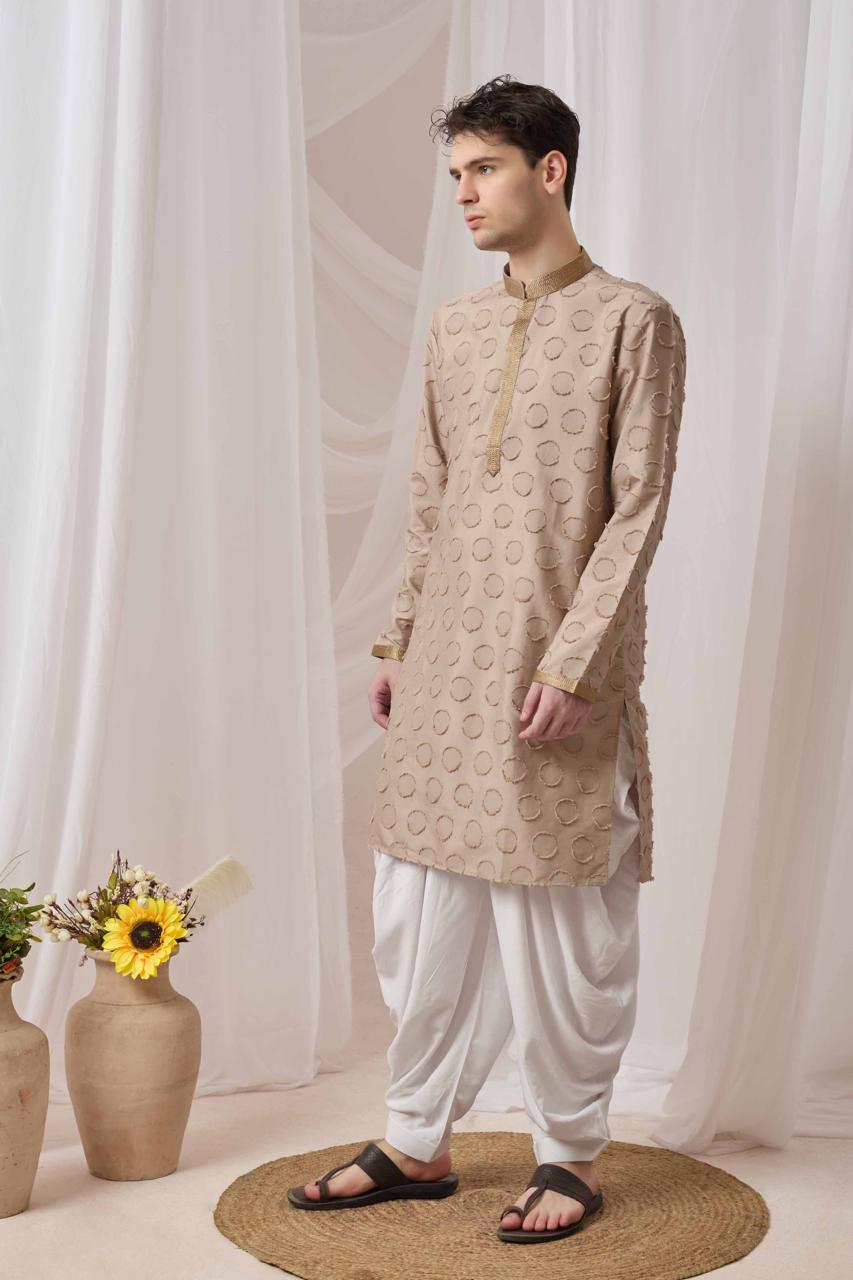 Beige Textured Kurta with White Patiala Pant Set