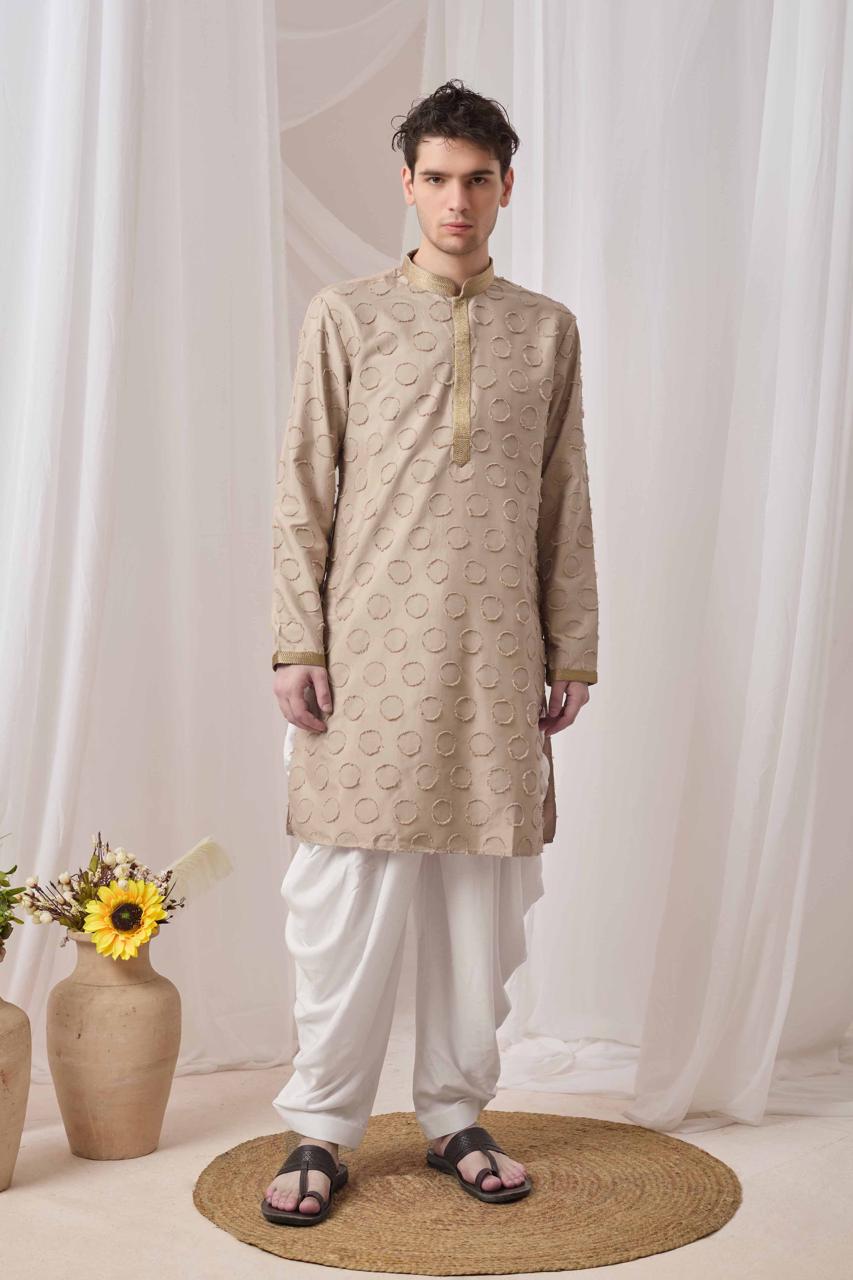 Beige Textured Kurta with White Patiala Pant Set