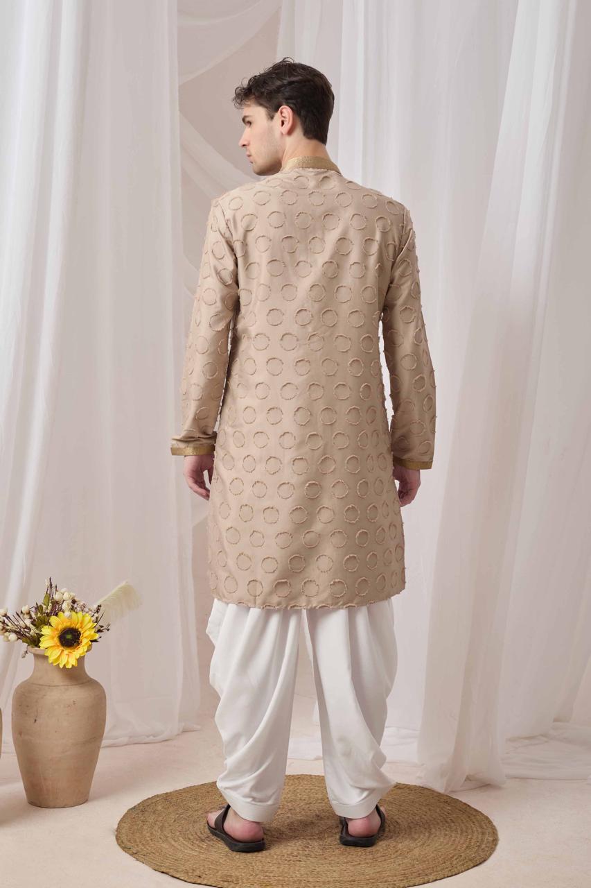 Beige Textured Kurta with White Patiala Pant Set