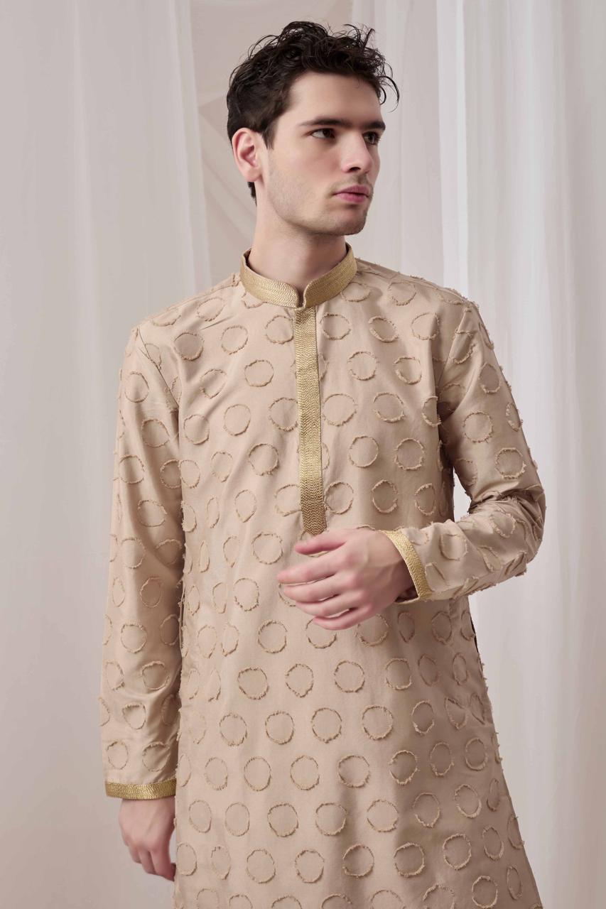 Beige Textured Kurta with White Patiala Pant Set