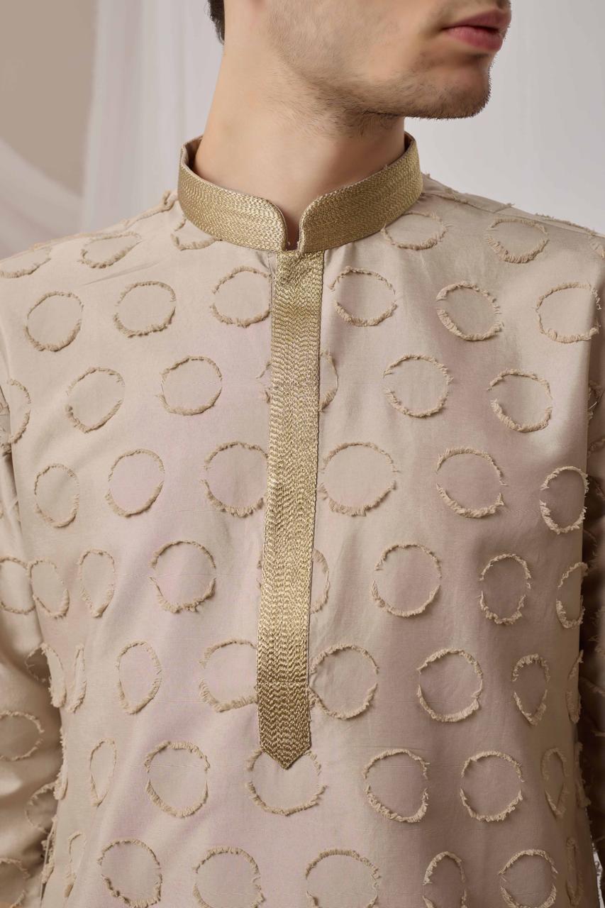 Beige Textured Kurta with White Patiala Pant Set