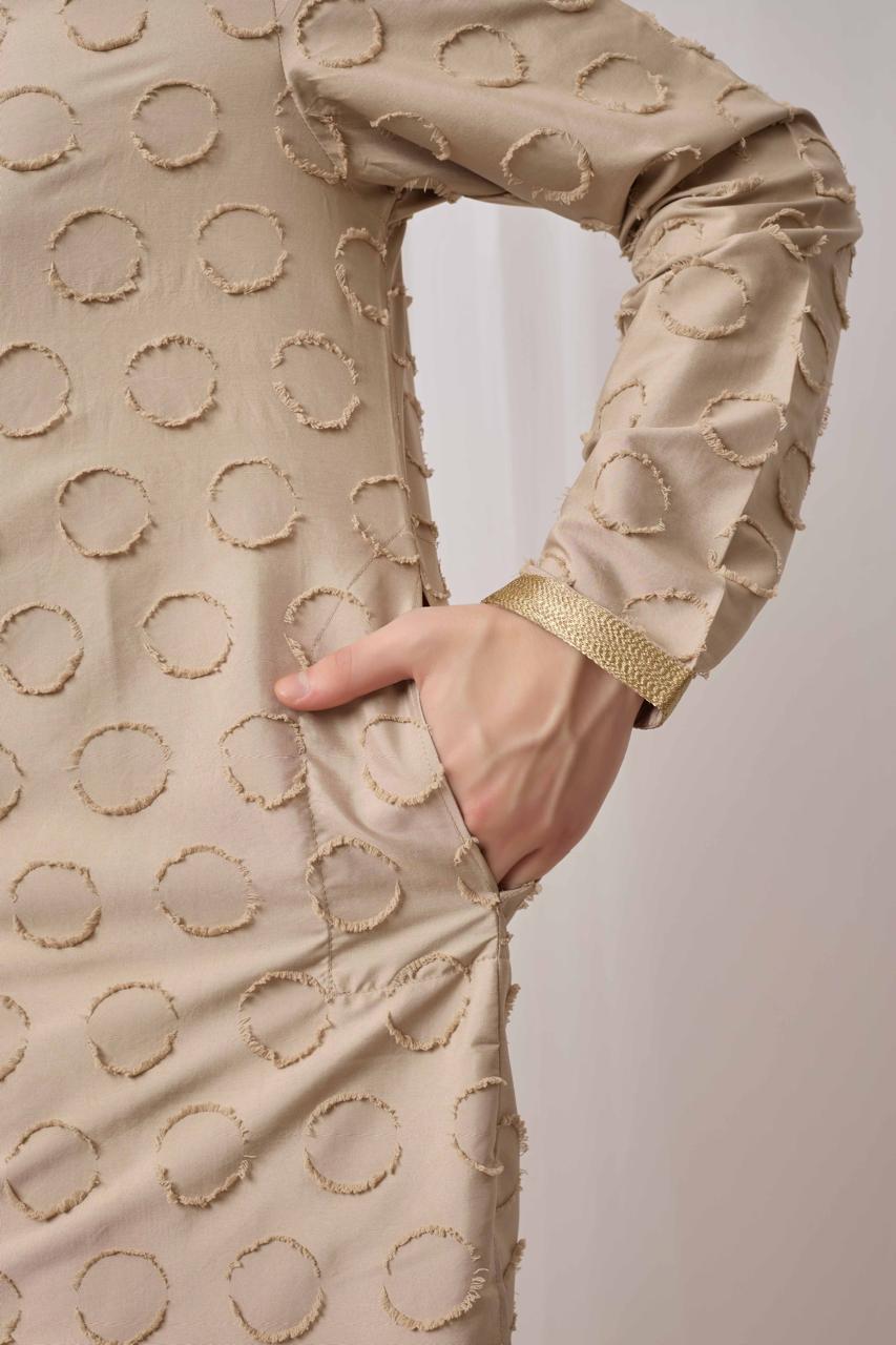 Beige Textured Kurta with White Patiala Pant Set