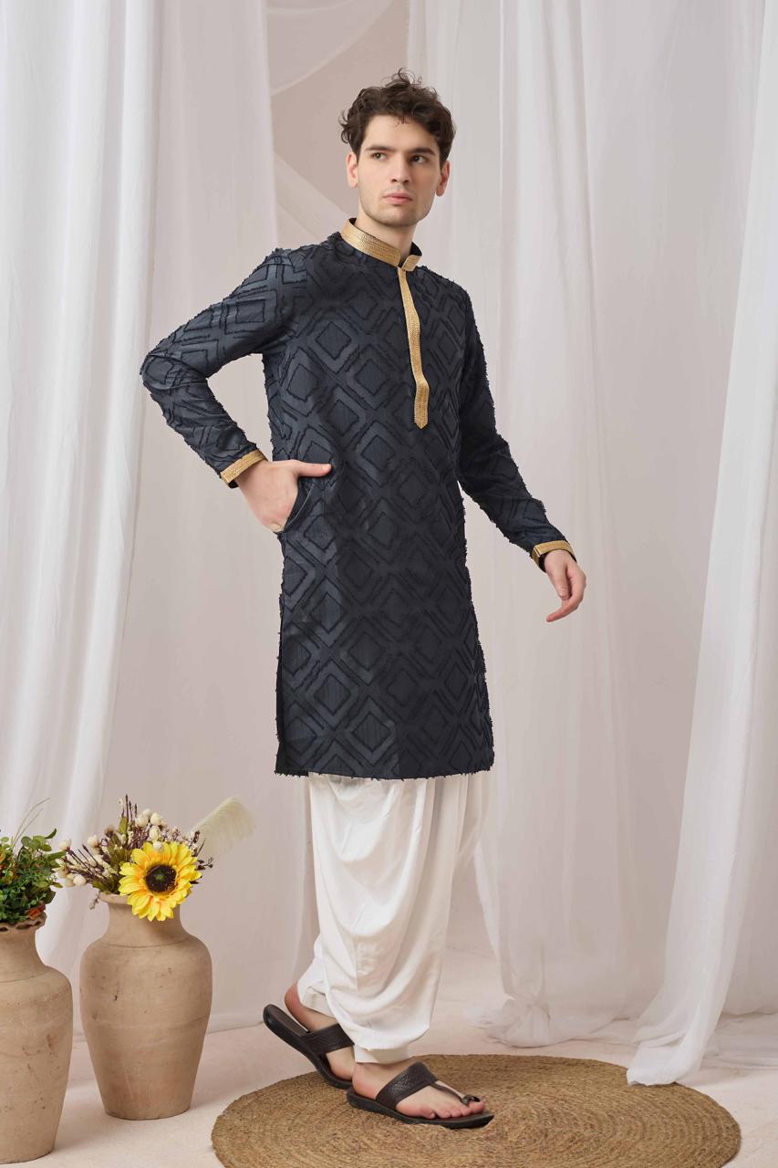 Charcoal Black Textured Kurta with White Patiala Pant Set