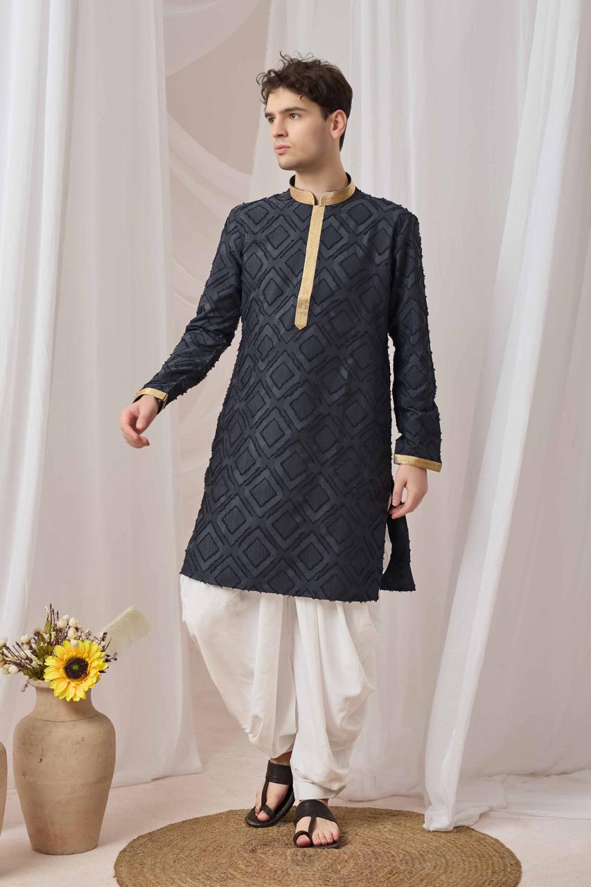 Charcoal Black Textured Kurta with White Patiala Pant Set