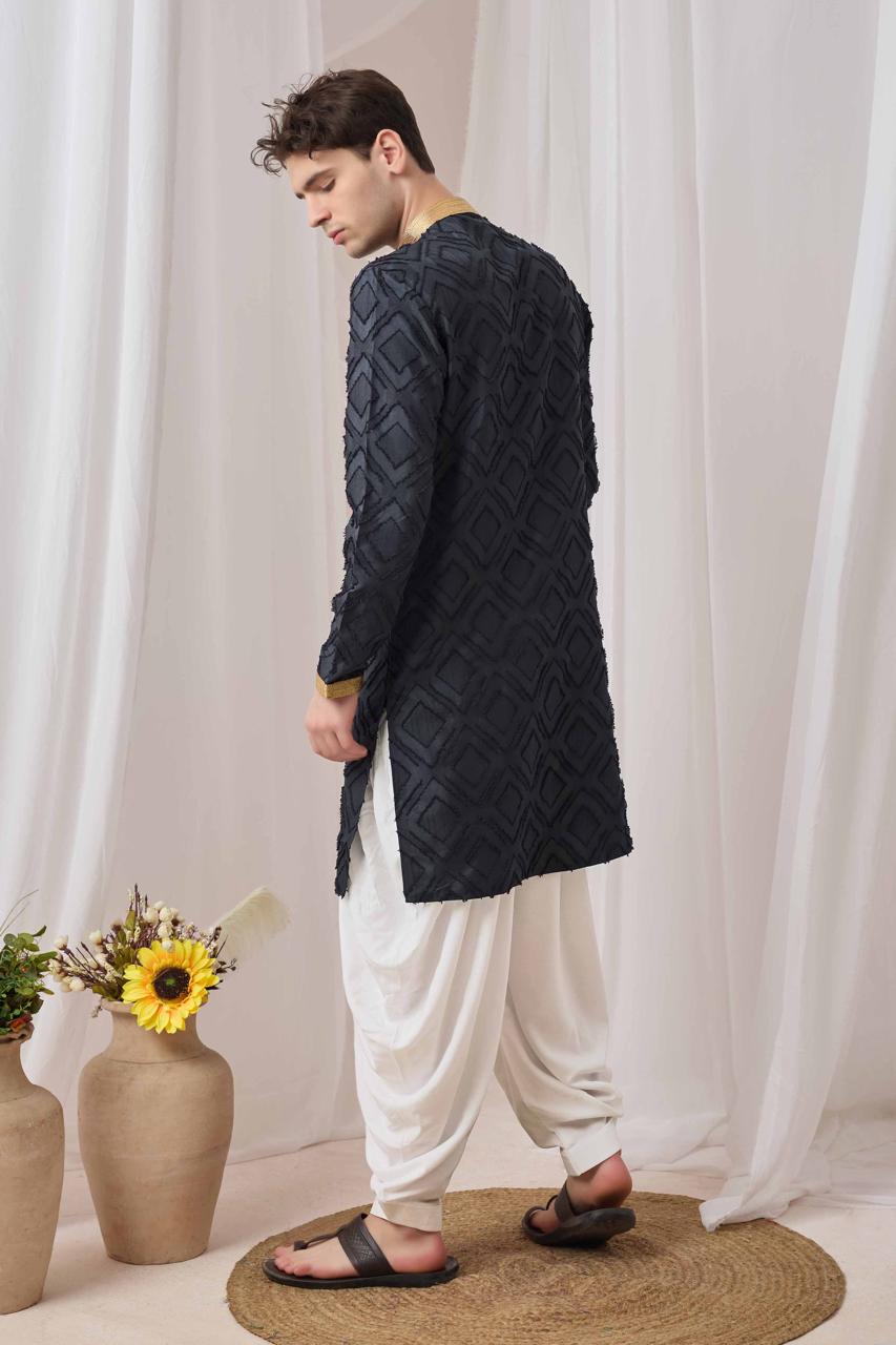 Charcoal Black Textured Kurta with White Patiala Pant Set
