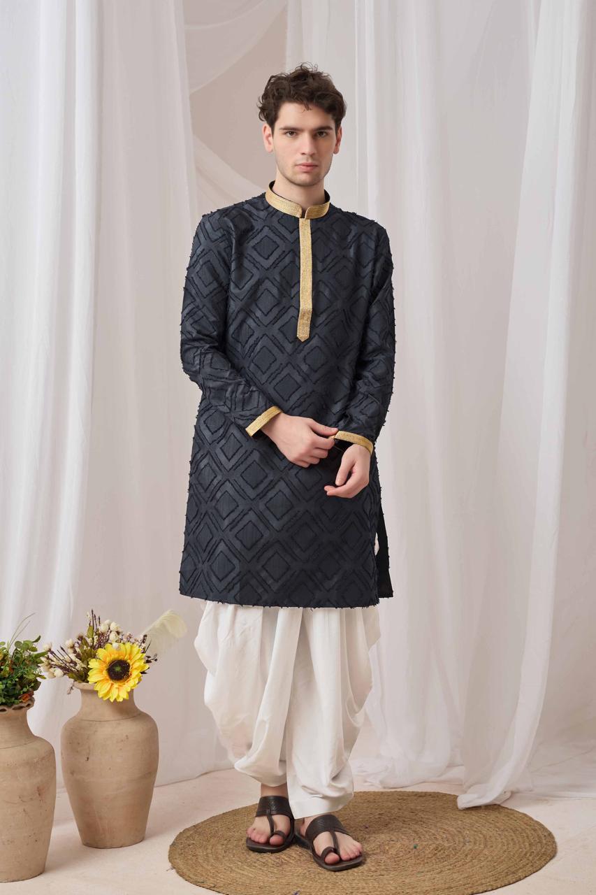 Charcoal Black Textured Kurta with White Patiala Pant Set