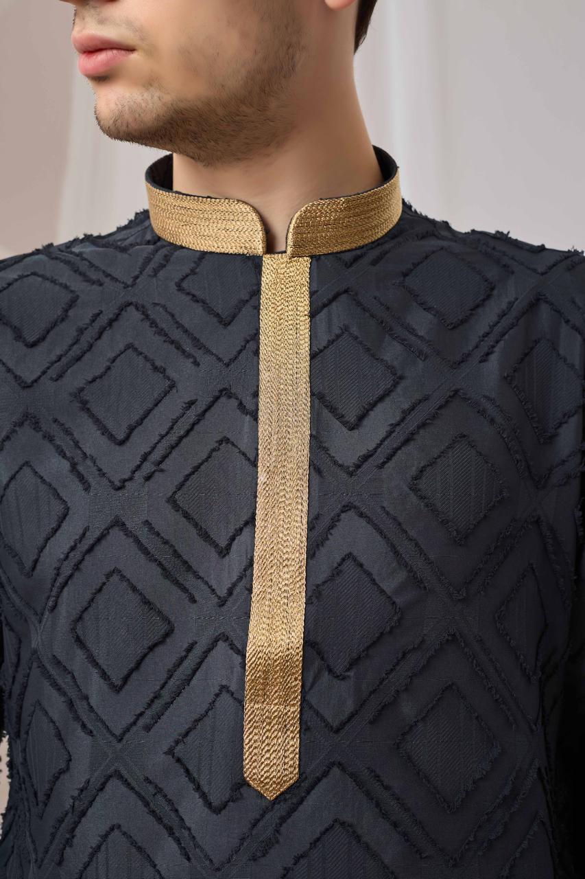 Charcoal Black Textured Kurta with White Patiala Pant Set