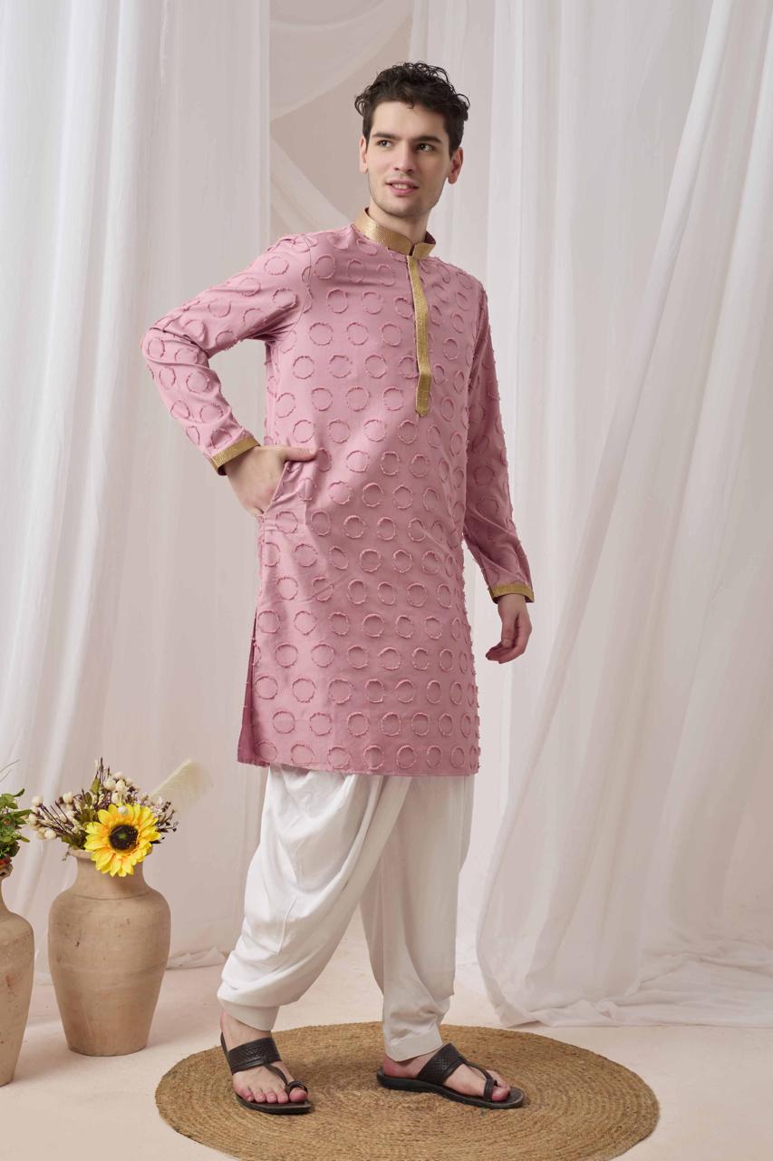 Blush Pink Textured Kurta with White Patiala Pant Set