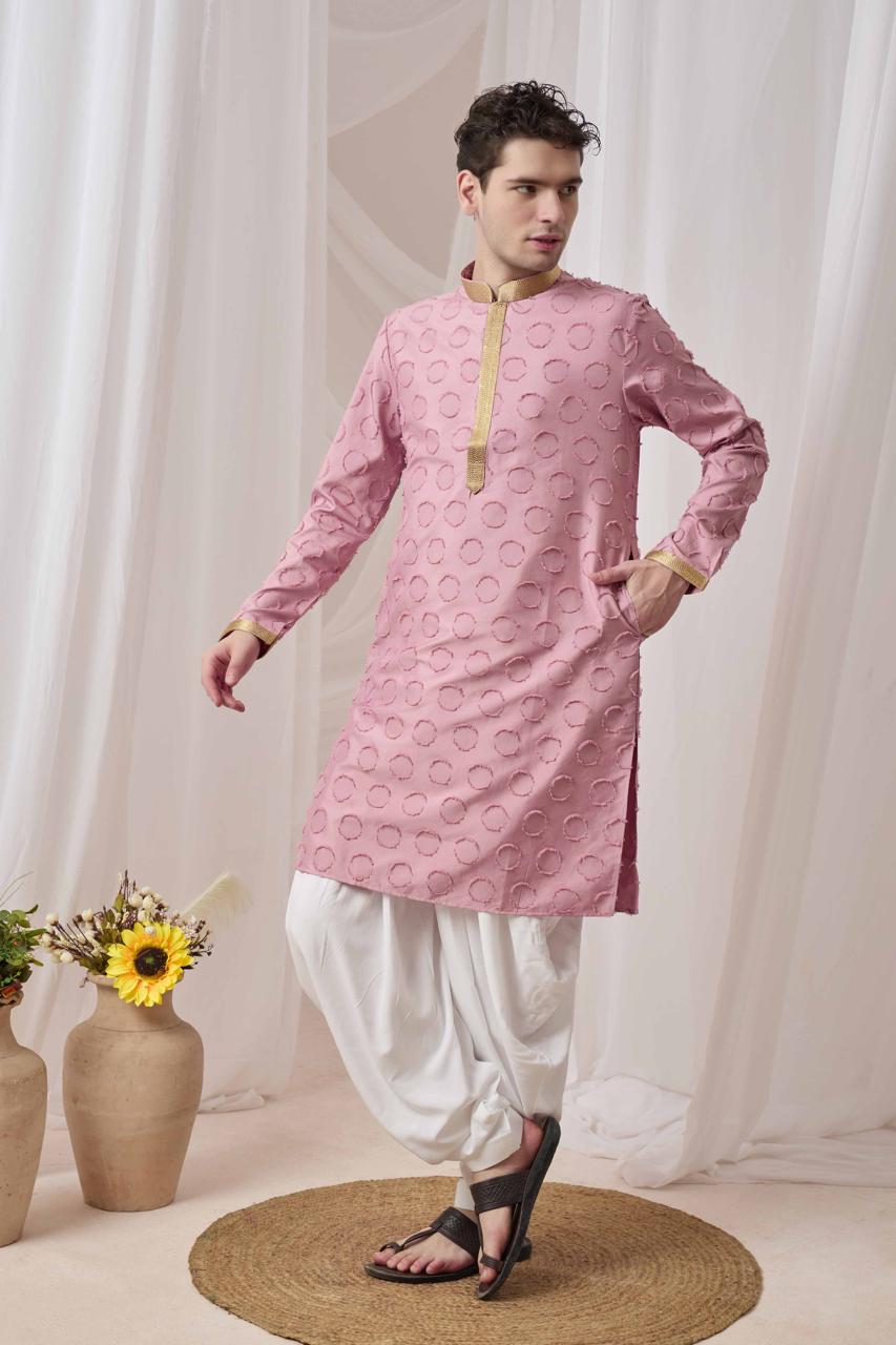 Blush Pink Textured Kurta with White Patiala Pant Set