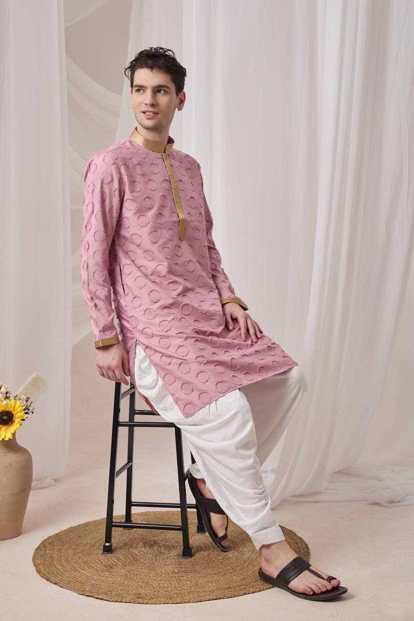 Blush Pink Textured Kurta with White Patiala Pant Set
