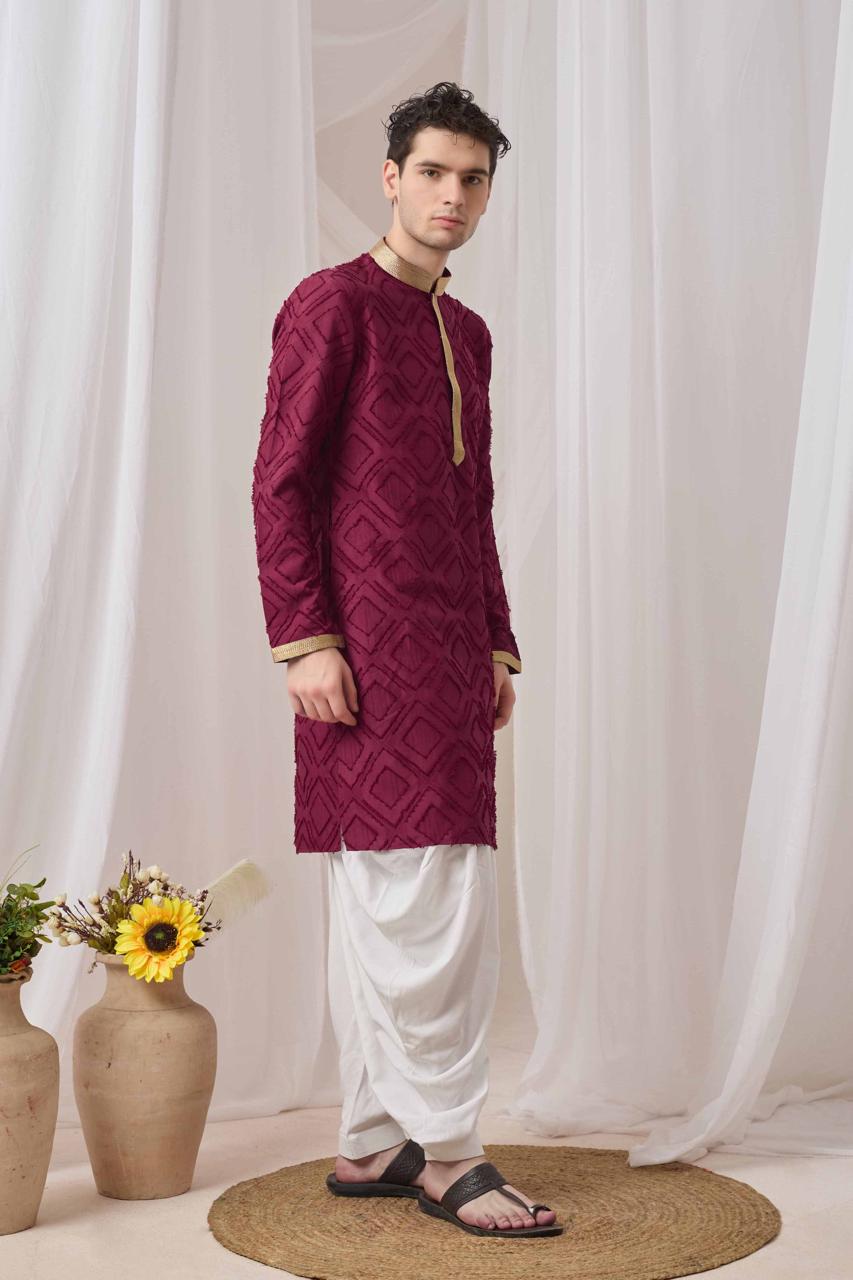 Maroon Textured Kurta with White Patiala Pant Set