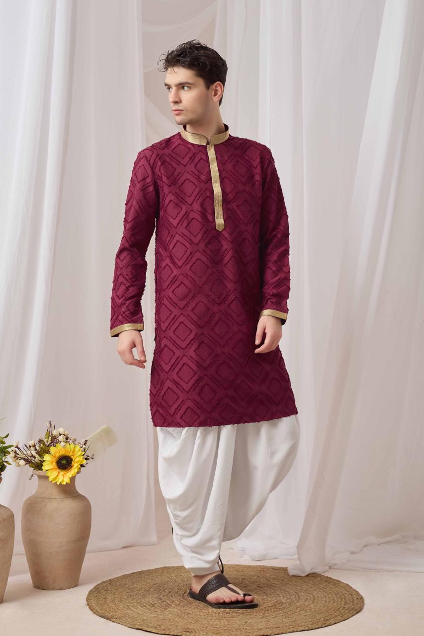 Maroon Textured Kurta with White Patiala Pant Set