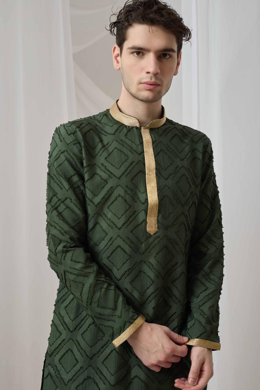 Olive Green Textured Kurta with White Patiala Pant Set