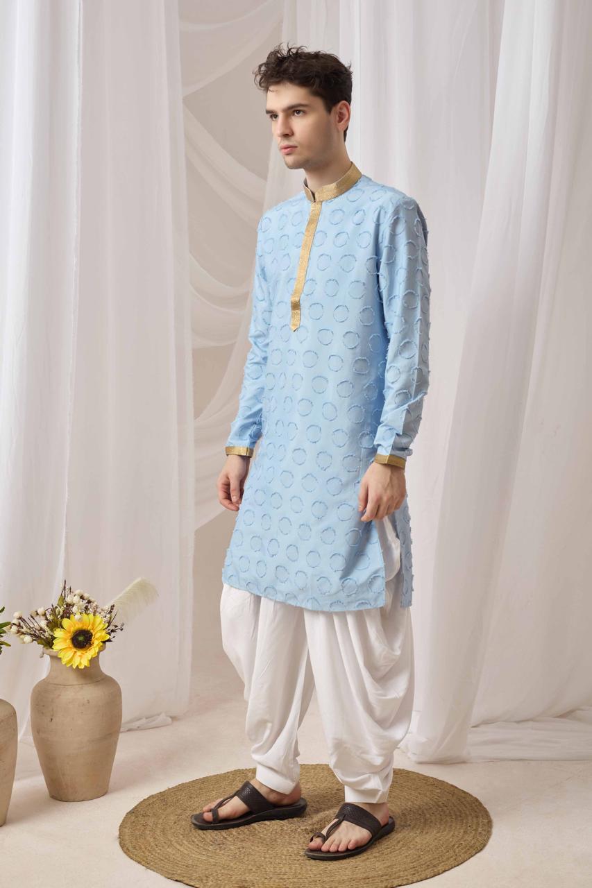 Sky Blue Textured Kurta with White Patiala Pant Set