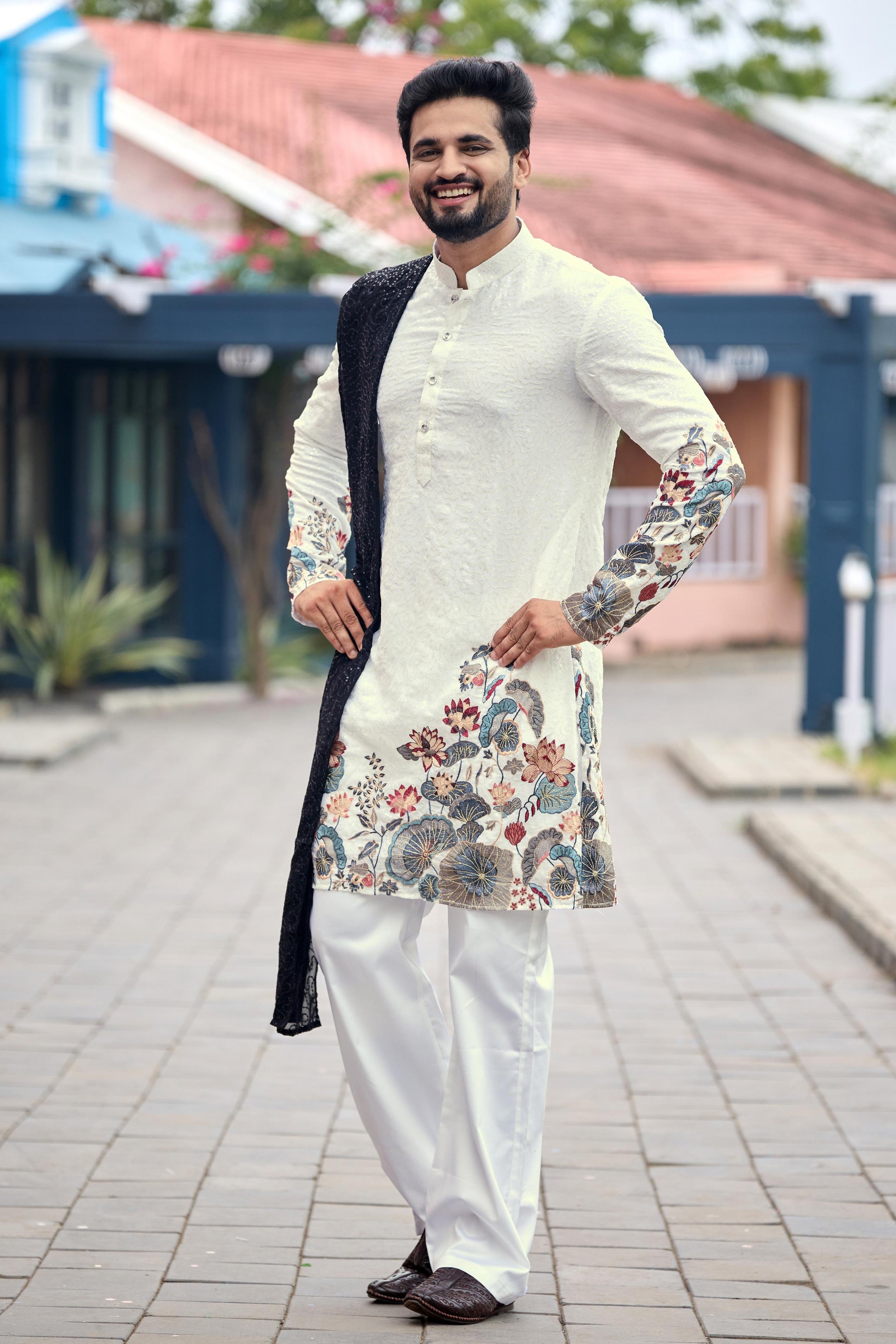 Ivory Floral Embroidered Kurta with Dupatta and Pant Set