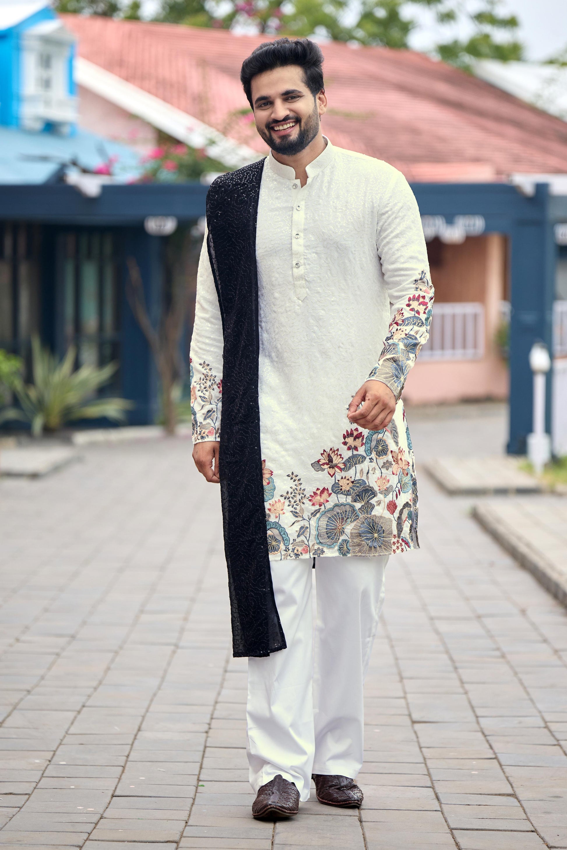 Ivory Floral Embroidered Kurta with Dupatta and Pant Set