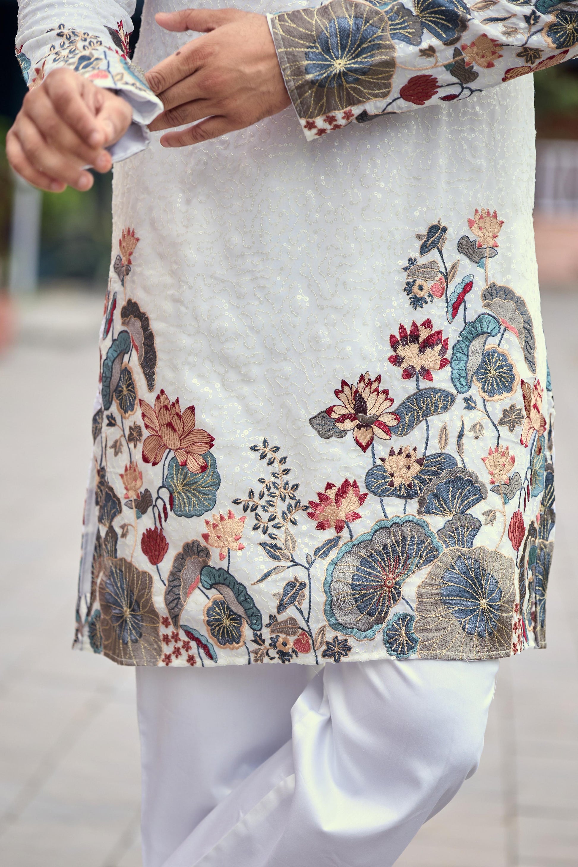 Ivory Floral Embroidered Kurta with Dupatta and Pant Set