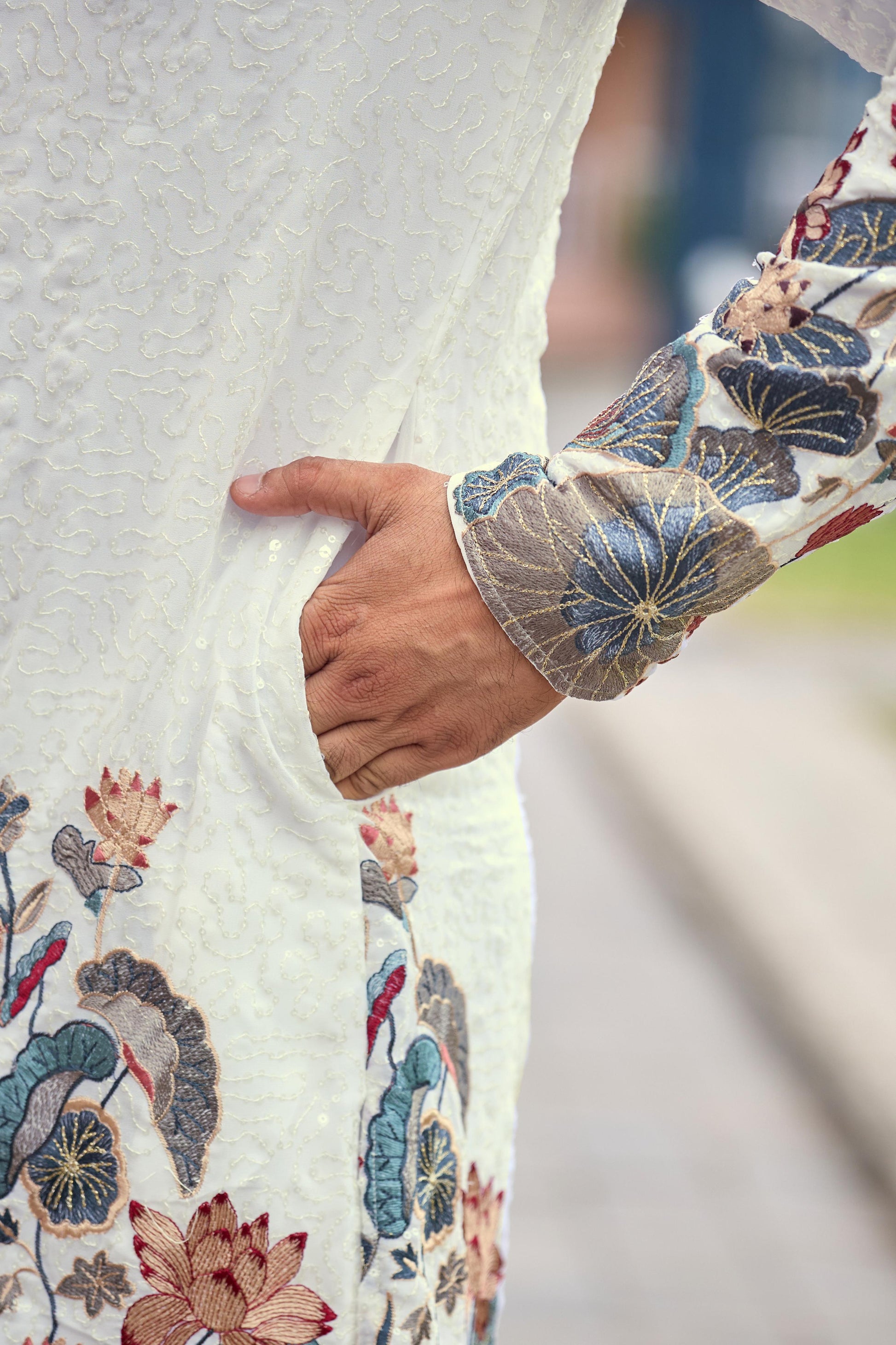 Ivory Floral Embroidered Kurta with Dupatta and Pant Set