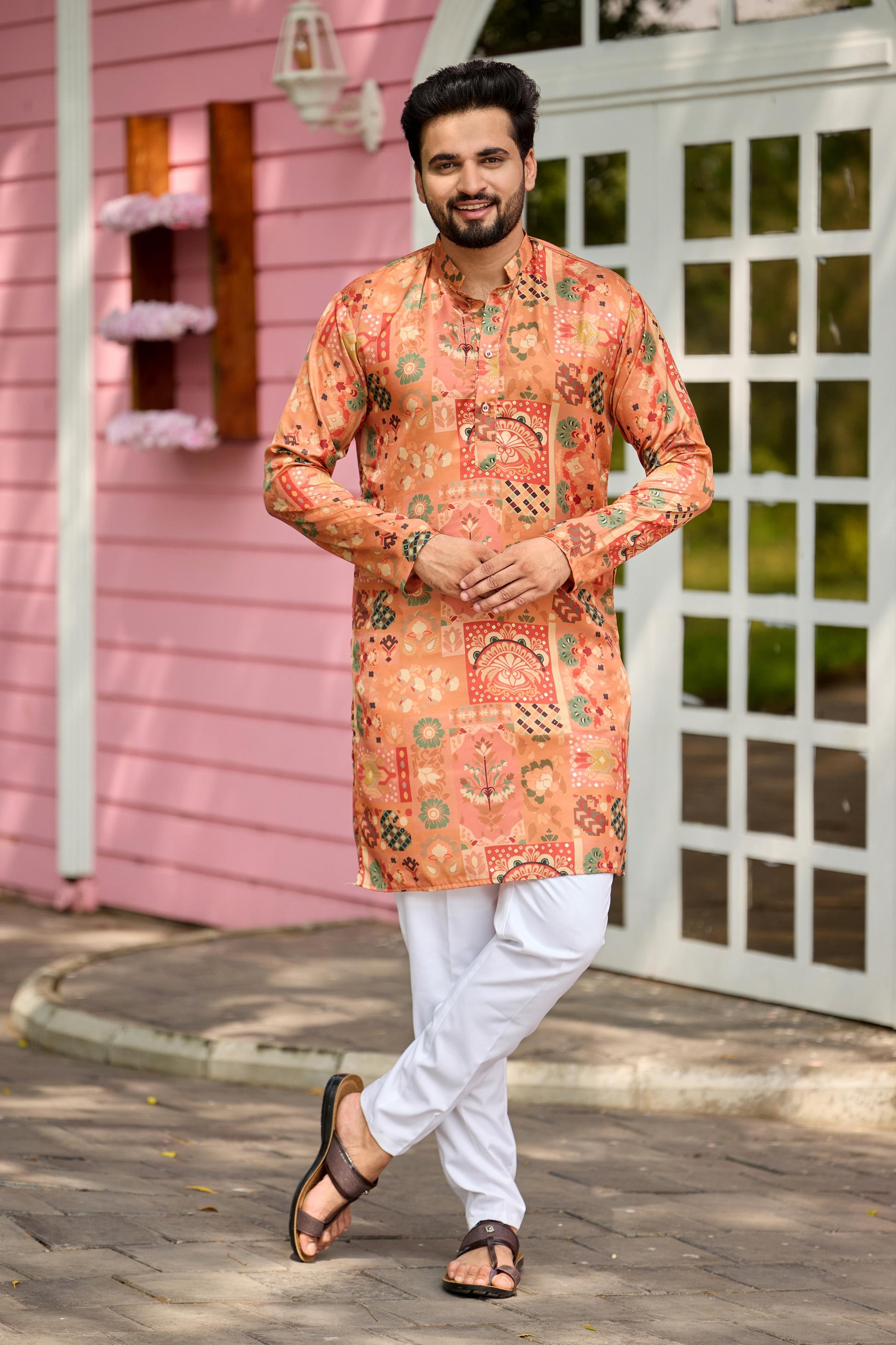Peach Foil Printed Kurta with Pant Set