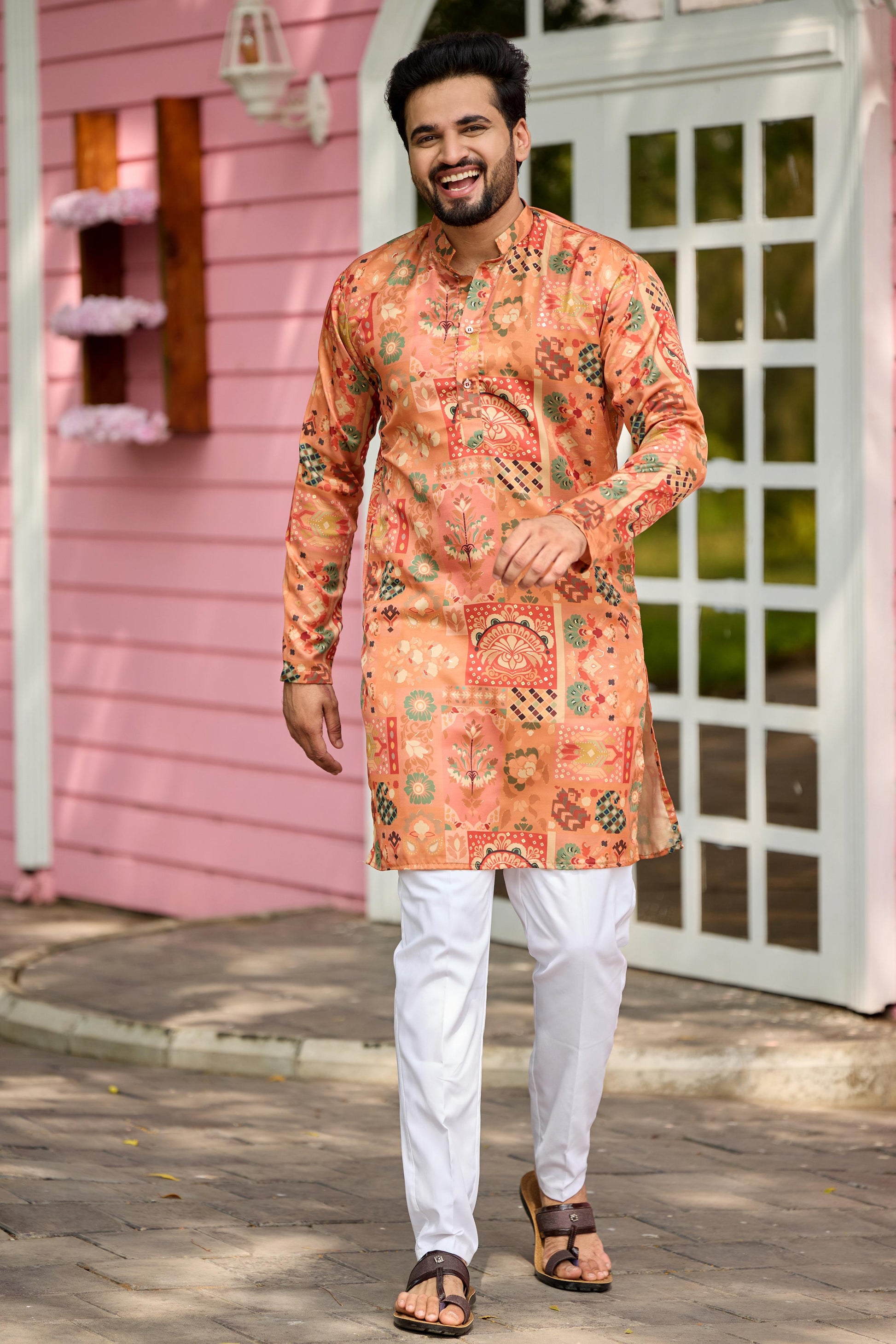 Peach Foil Printed Kurta with Pant Set