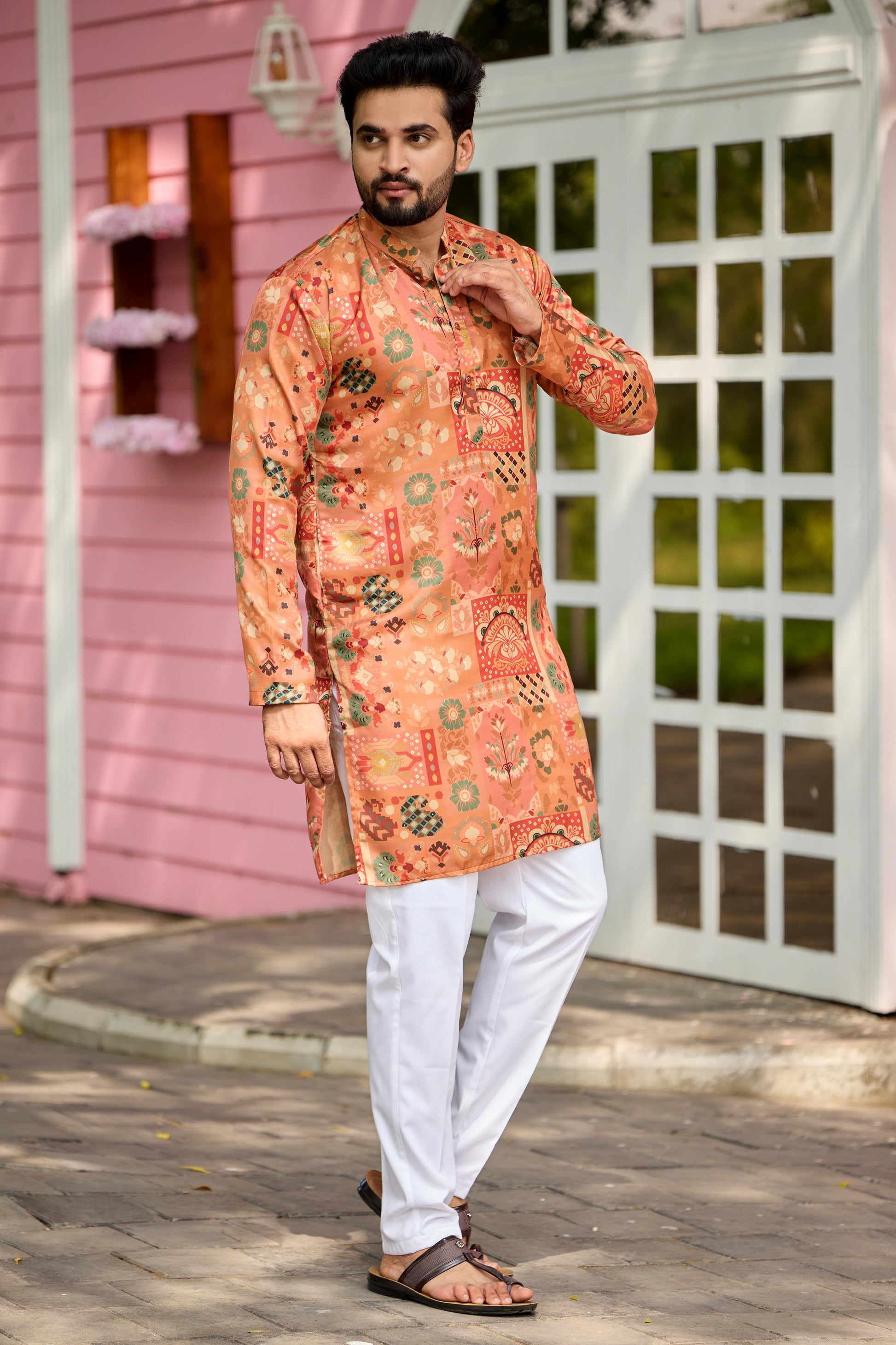 Peach Foil Printed Kurta with Pant Set