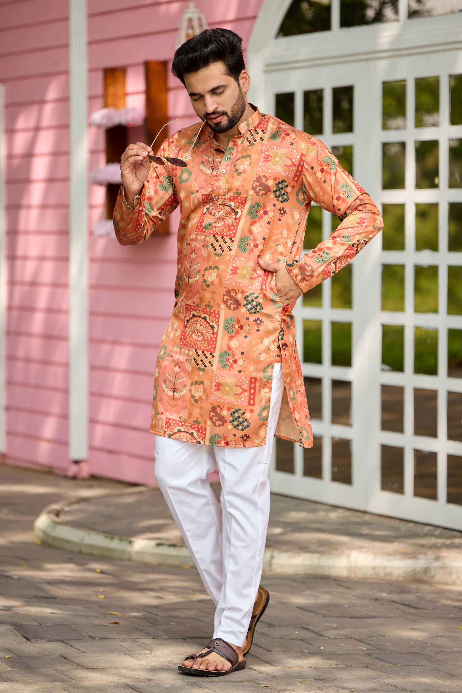 Peach Foil Printed Kurta with Pant Set