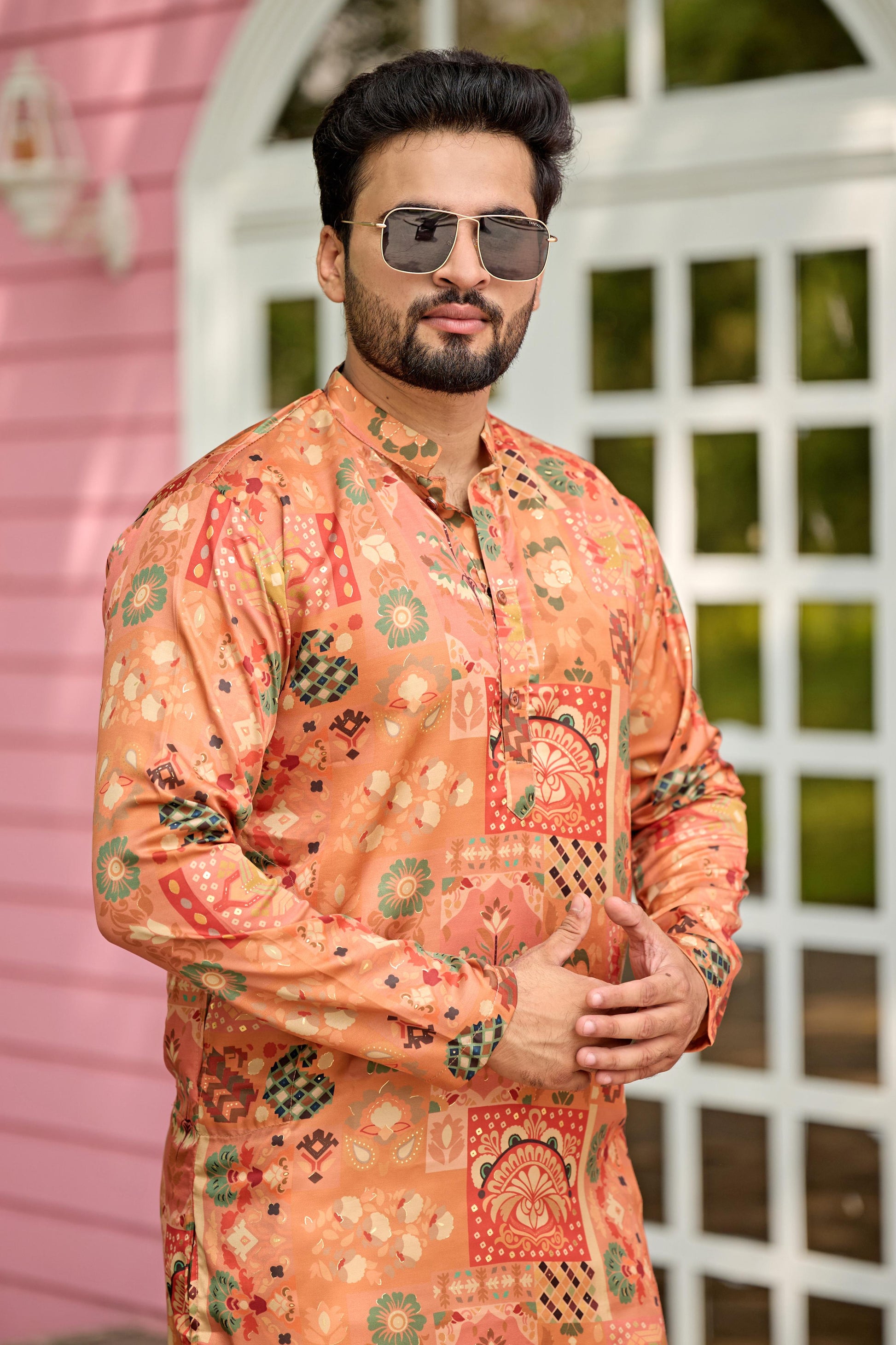 Peach Foil Printed Kurta with Pant Set