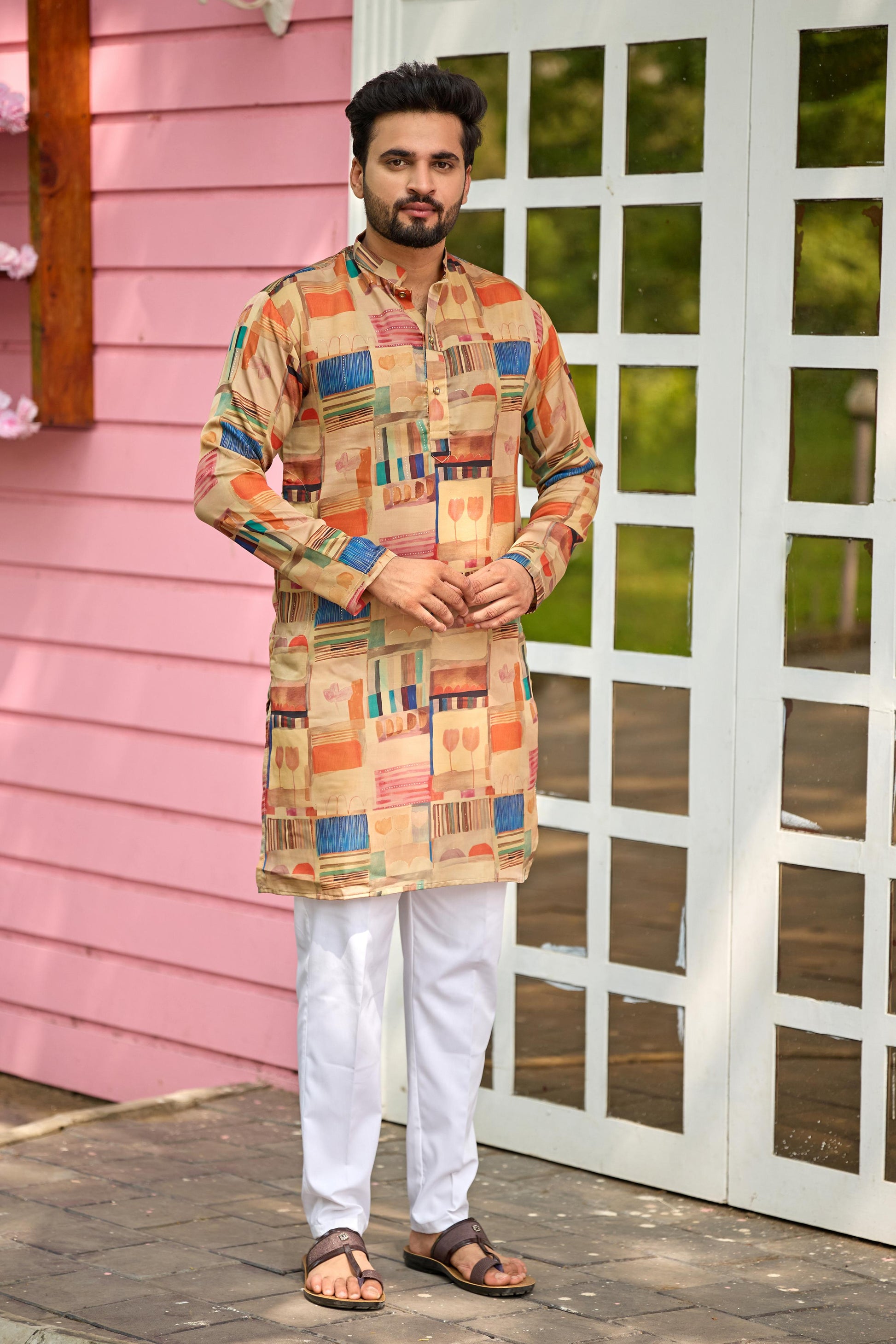 Beige Foil Printed Kurta with Pant Set