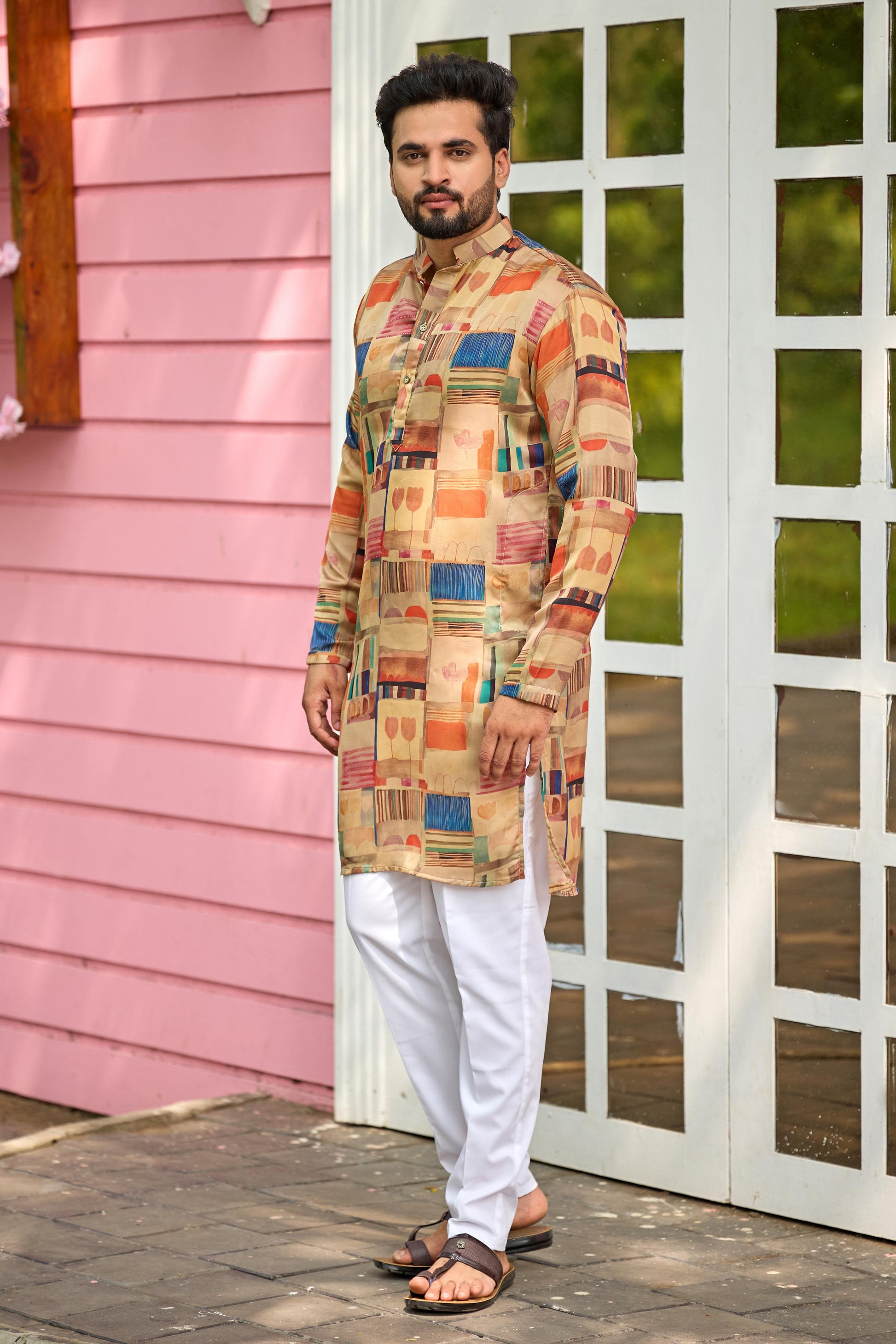 Beige Foil Printed Kurta with Pant Set