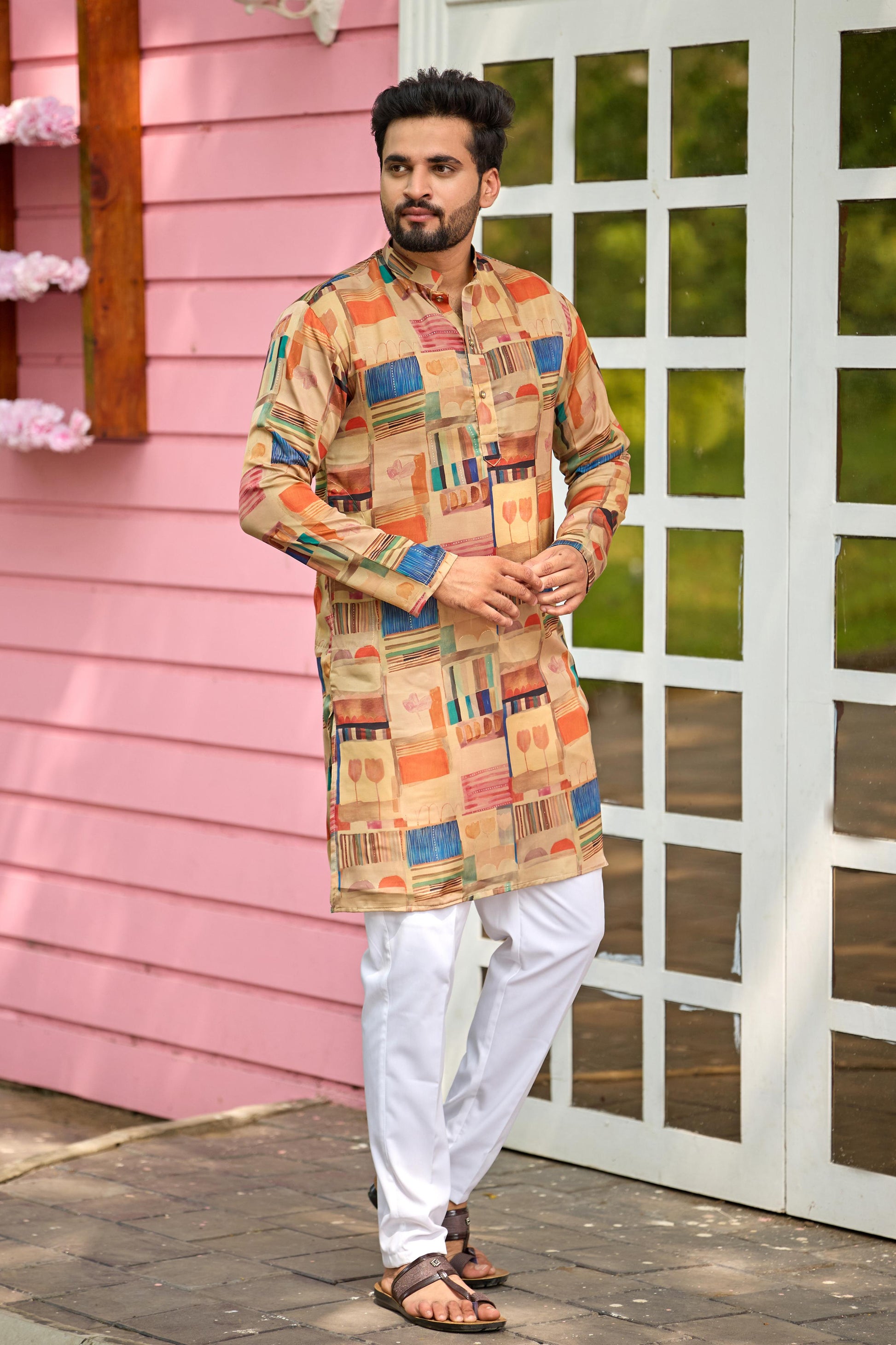 Beige Foil Printed Kurta with Pant Set