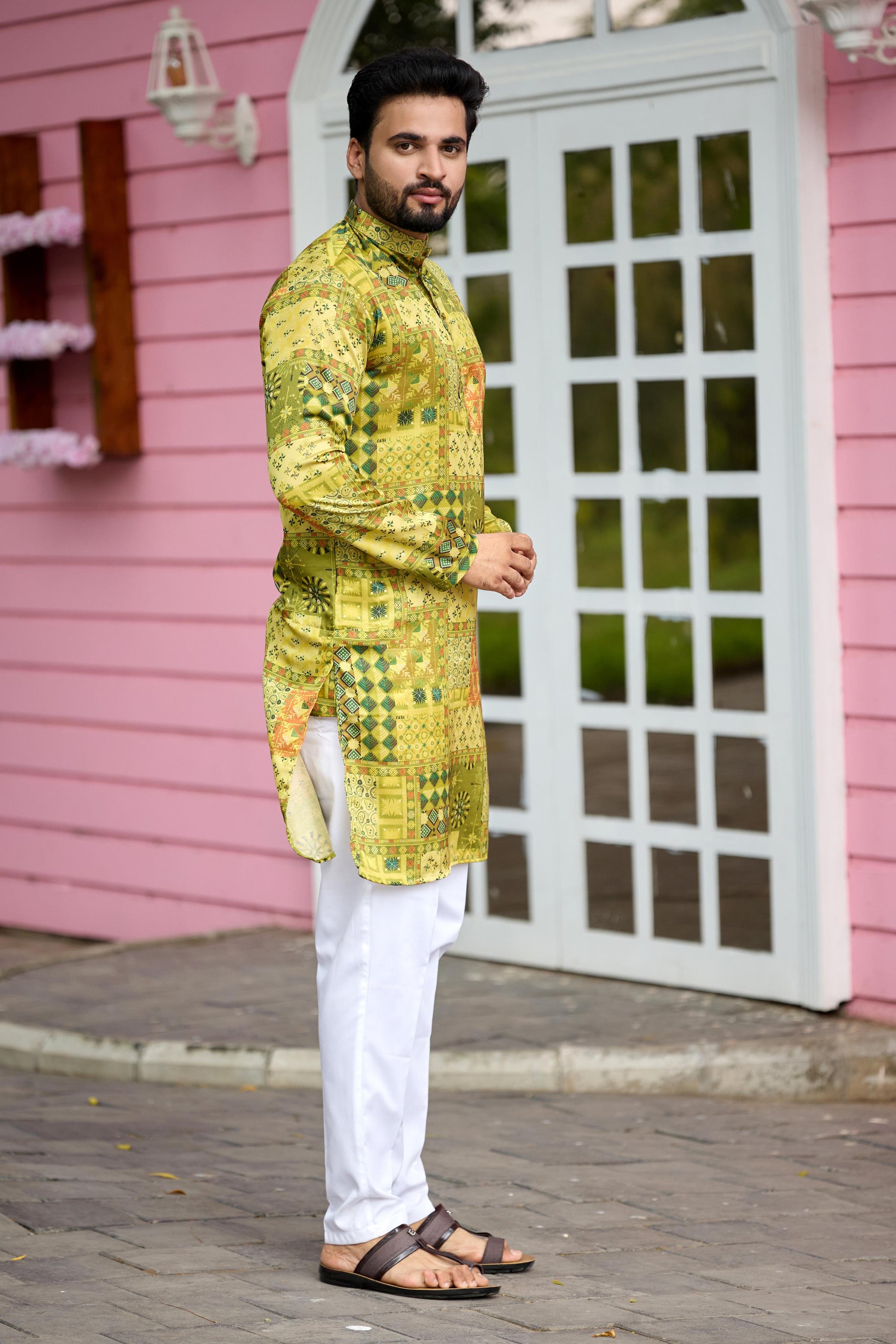 Olive Green Foil Printed Kurta with Pant Set