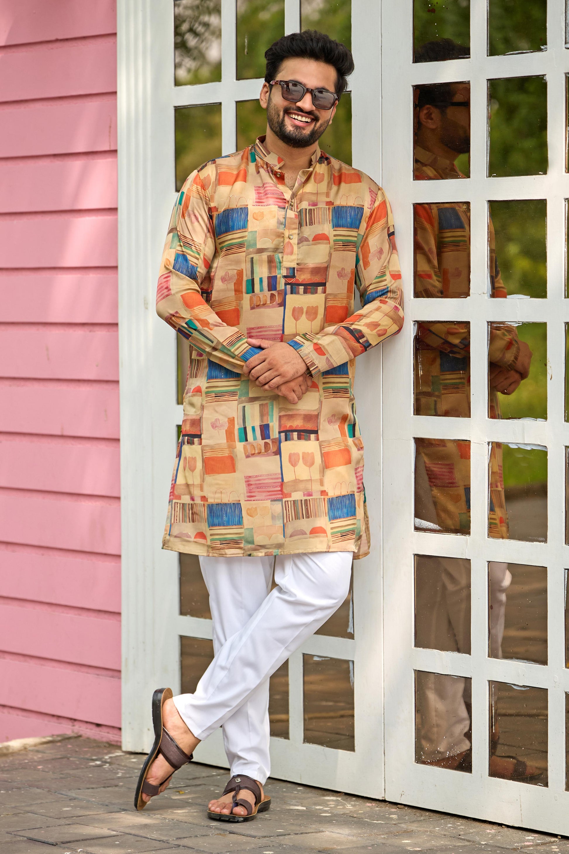 Beige Foil Printed Kurta with Pant Set