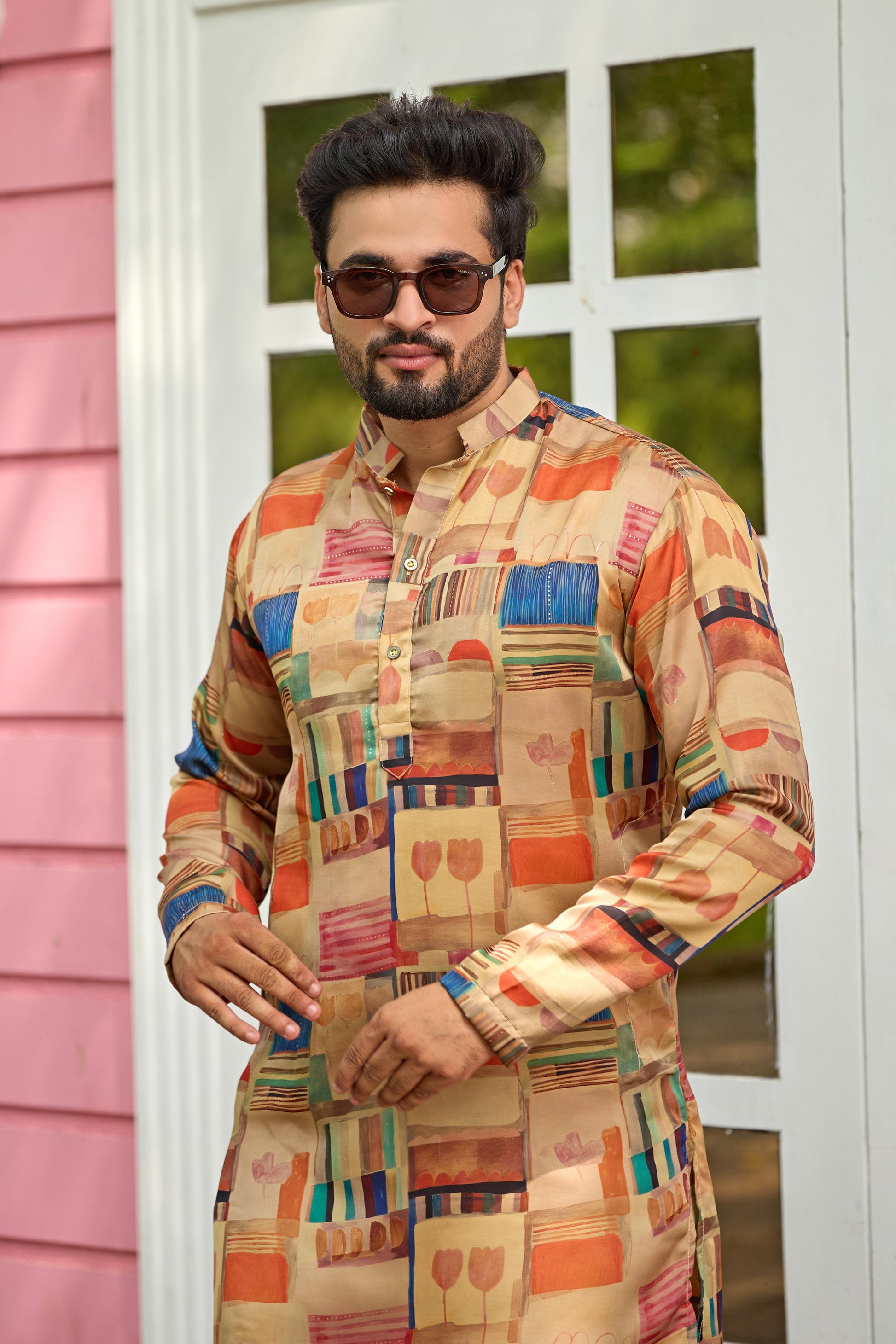 Beige Foil Printed Kurta with Pant Set