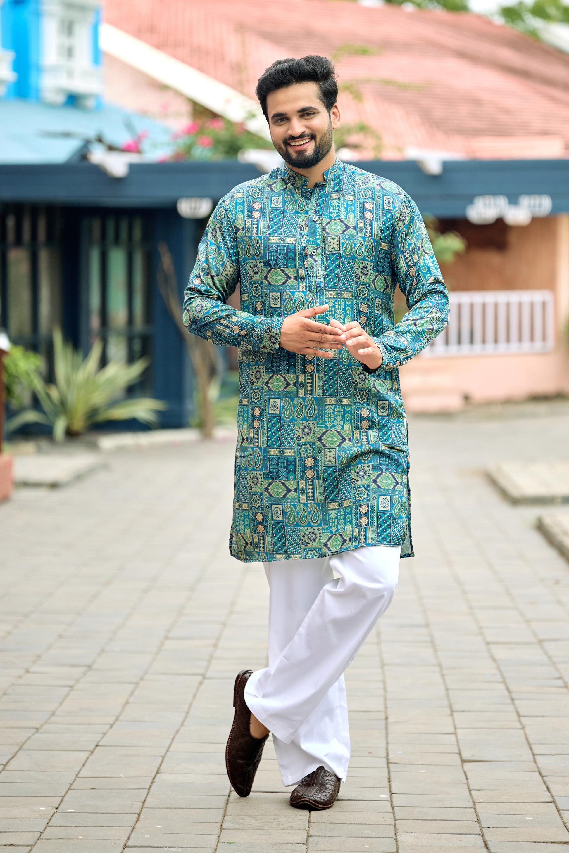 Turquoise Blue Foil Printed Kurta with Pant Set