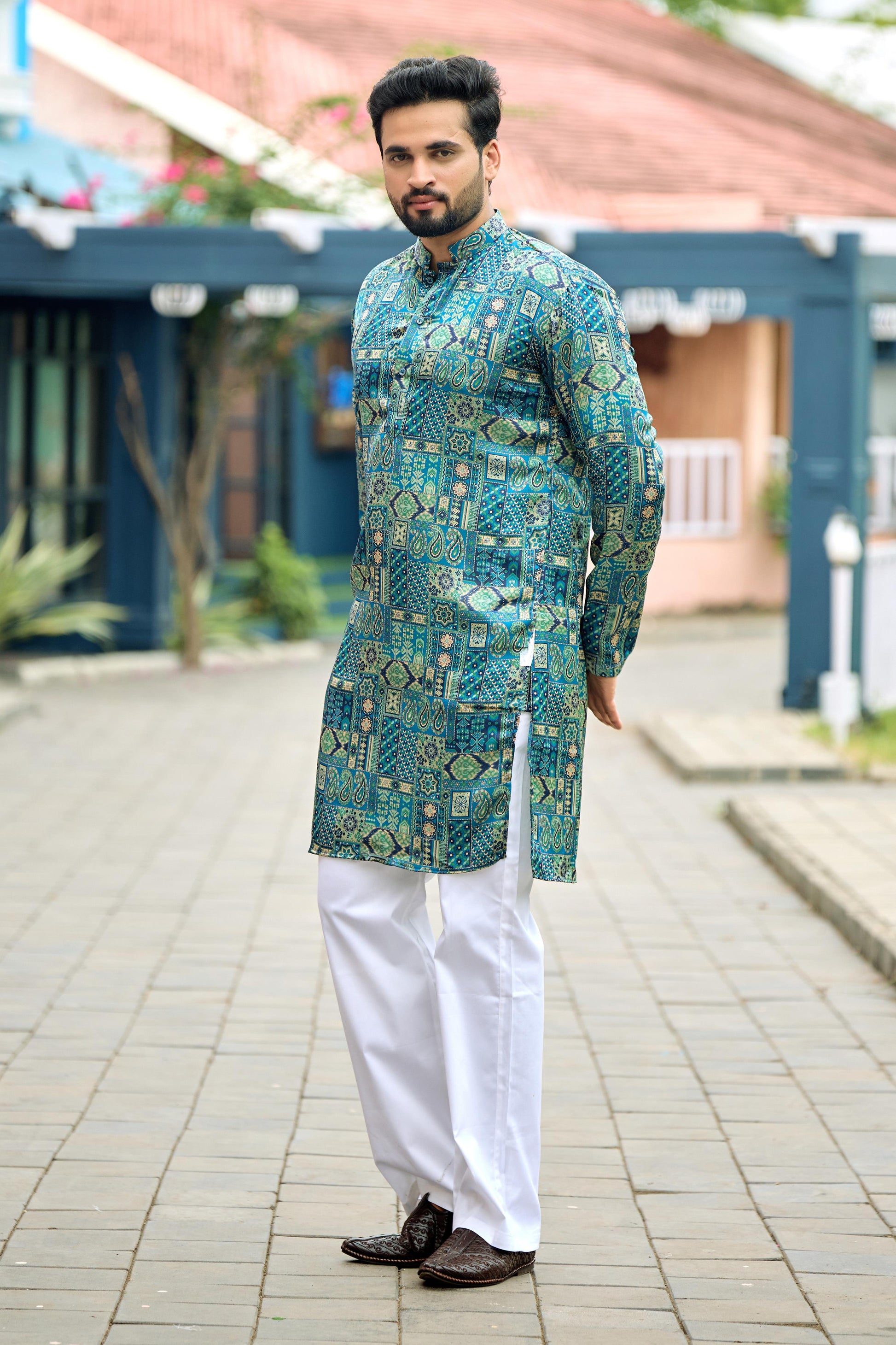 Turquoise Blue Foil Printed Kurta with Pant Set