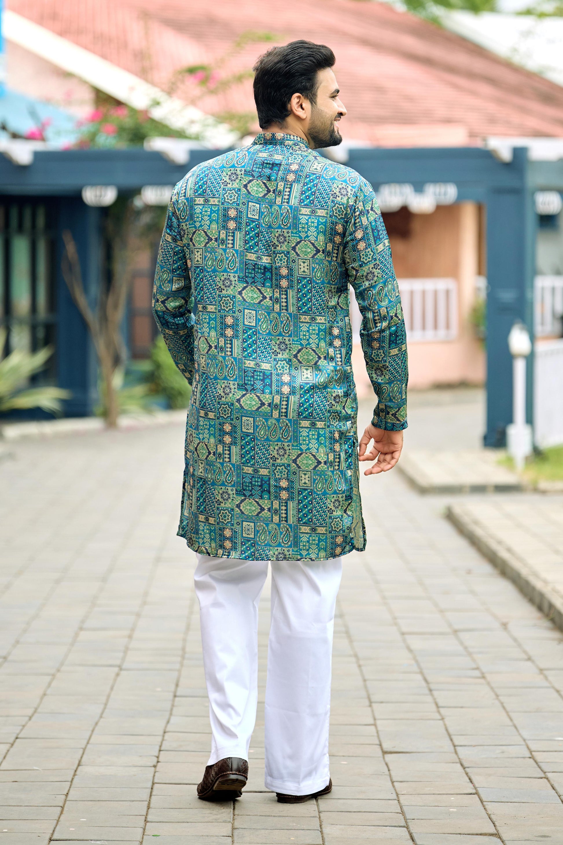 Turquoise Blue Foil Printed Kurta with Pant Set
