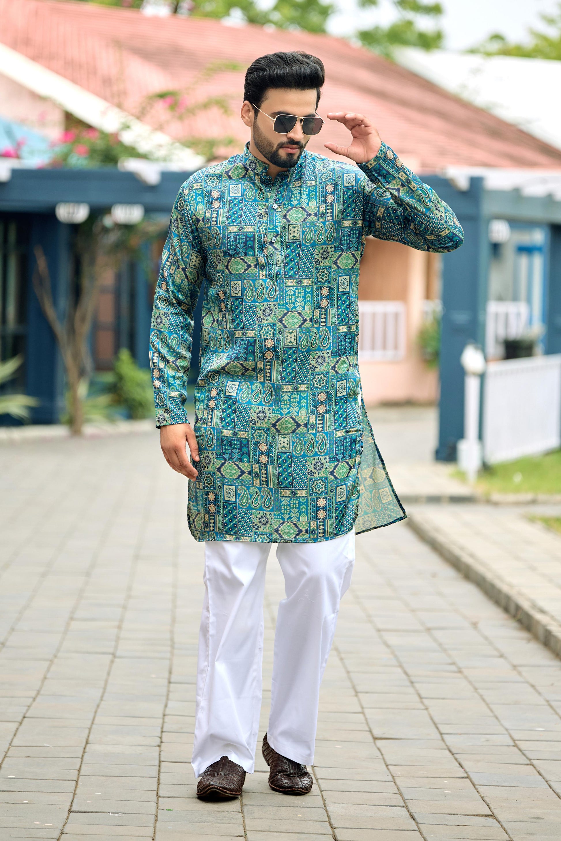 Turquoise Blue Foil Printed Kurta with Pant Set