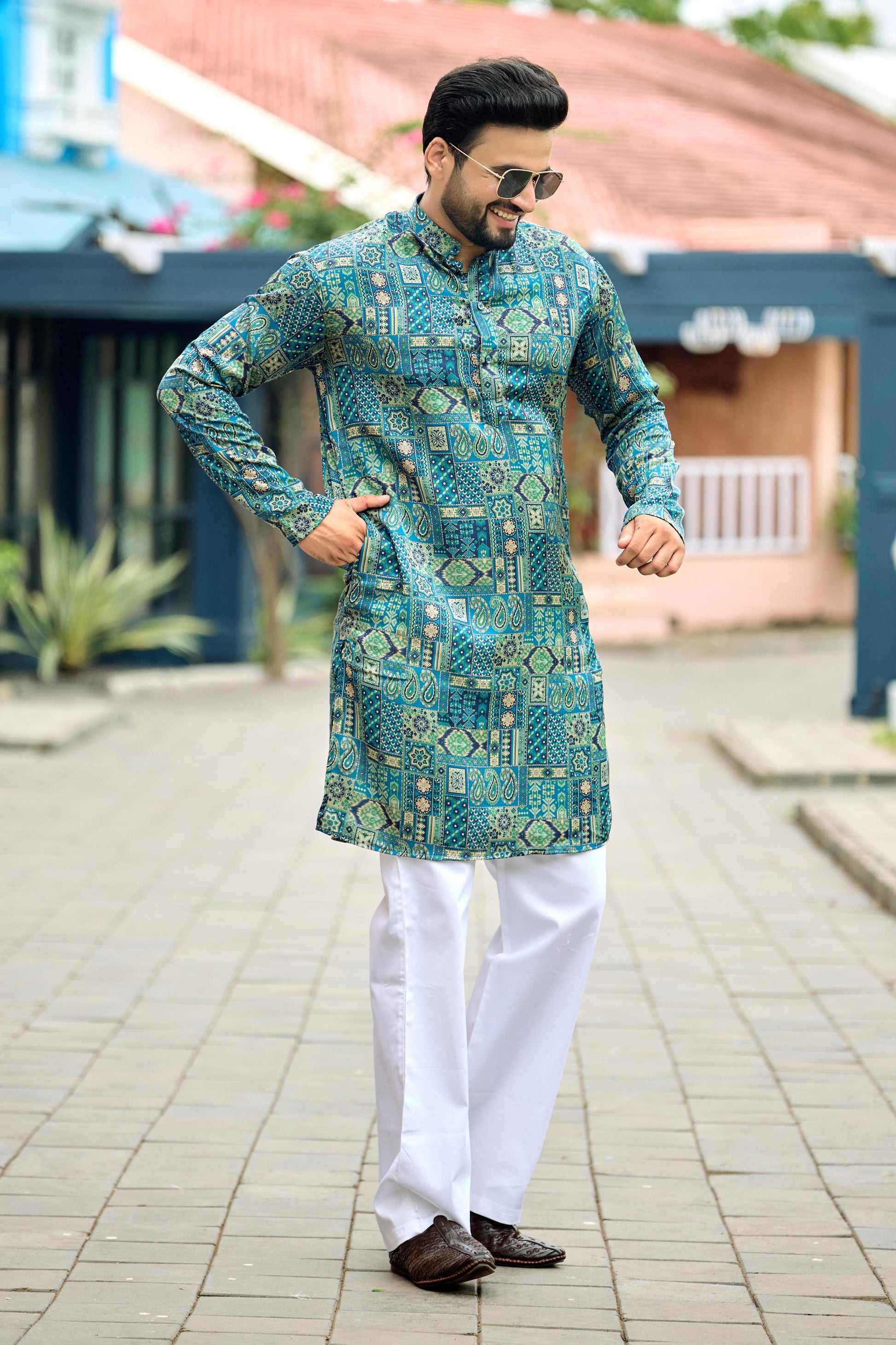 Turquoise Blue Foil Printed Kurta with Pant Set