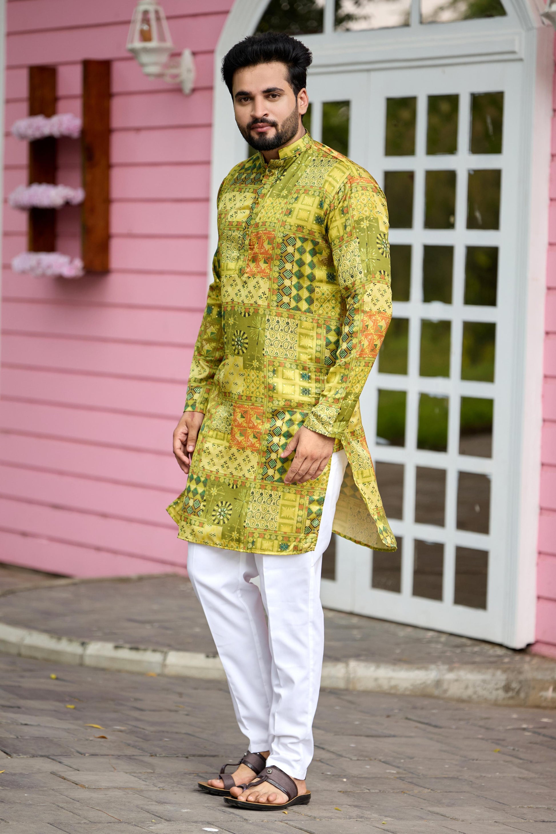 Olive Green Foil Printed Kurta with Pant Set