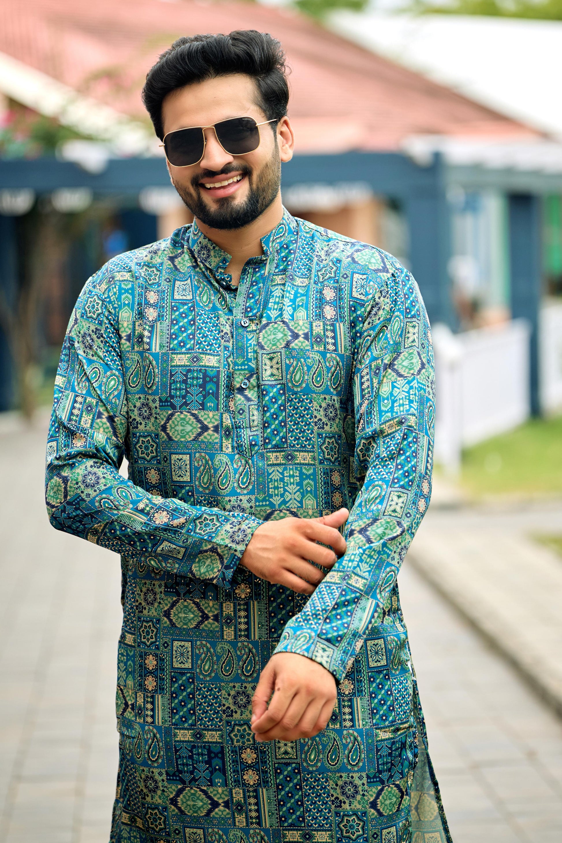 Turquoise Blue Foil Printed Kurta with Pant Set