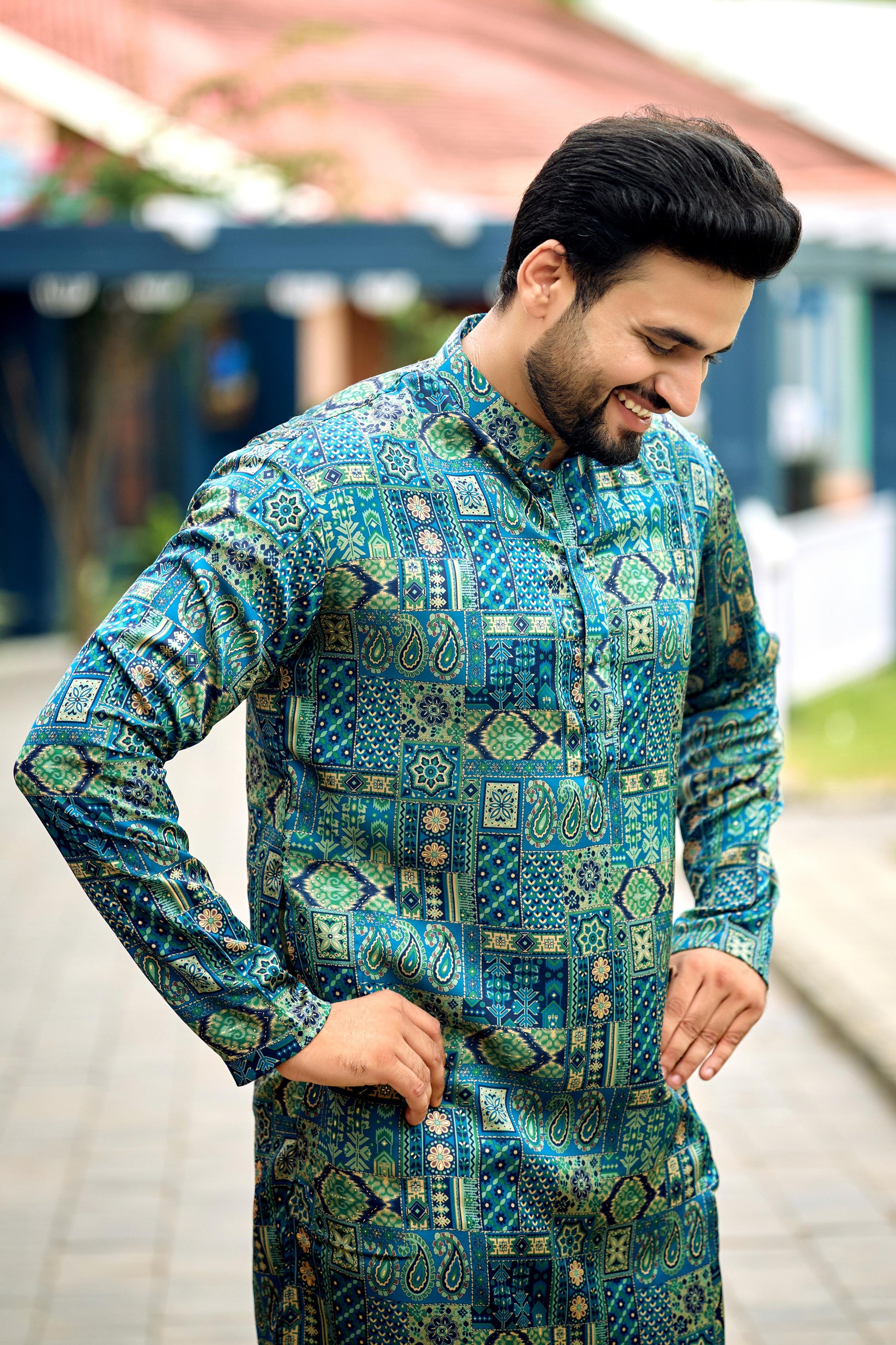 Turquoise Blue Foil Printed Kurta with Pant Set