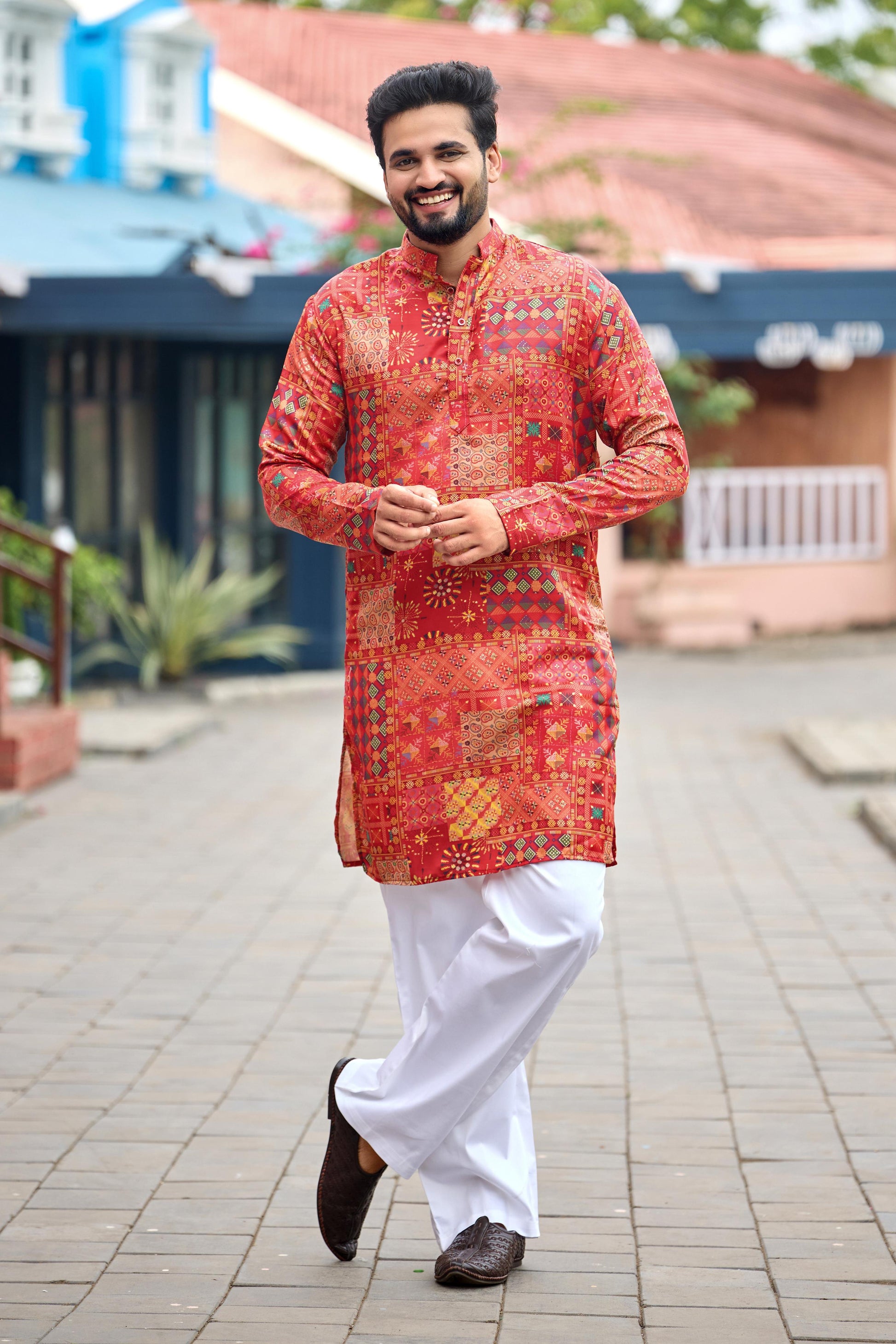 Crimson Red Foil Printed Kurta with Pant Set