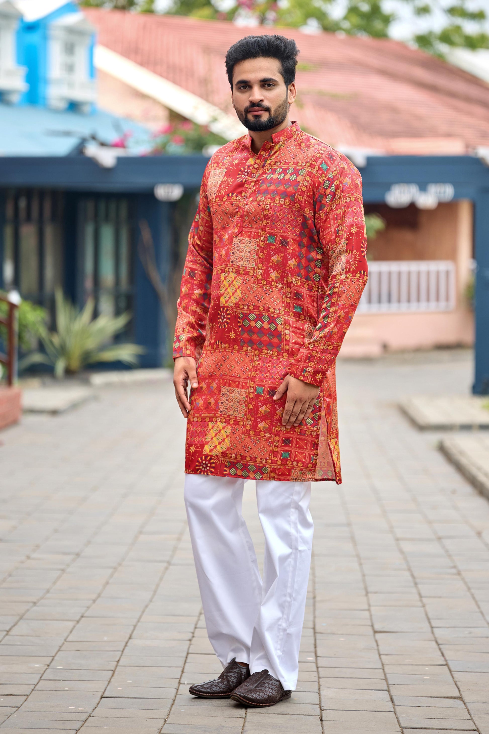 Crimson Red Foil Printed Kurta with Pant Set