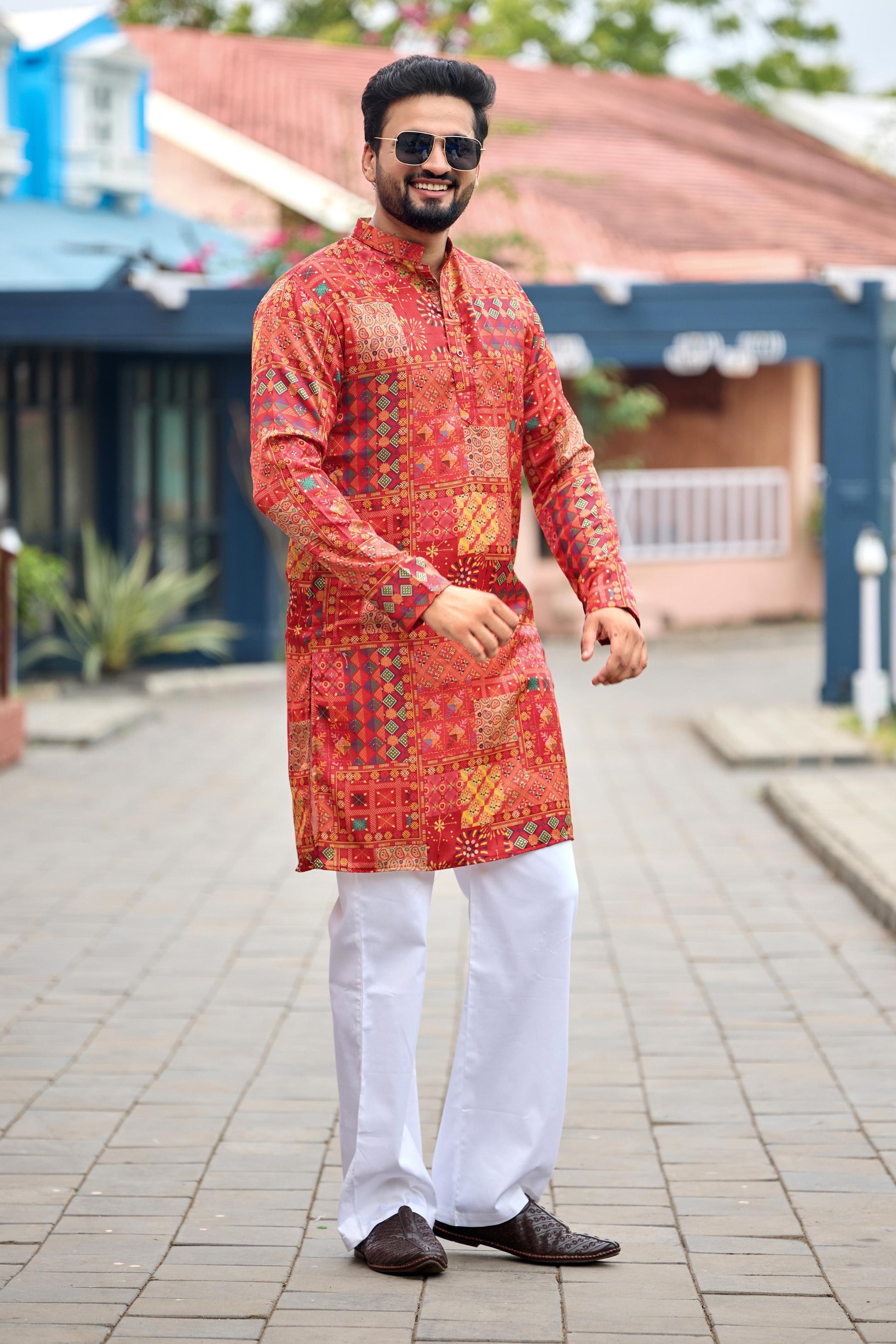 Crimson Red Foil Printed Kurta with Pant Set