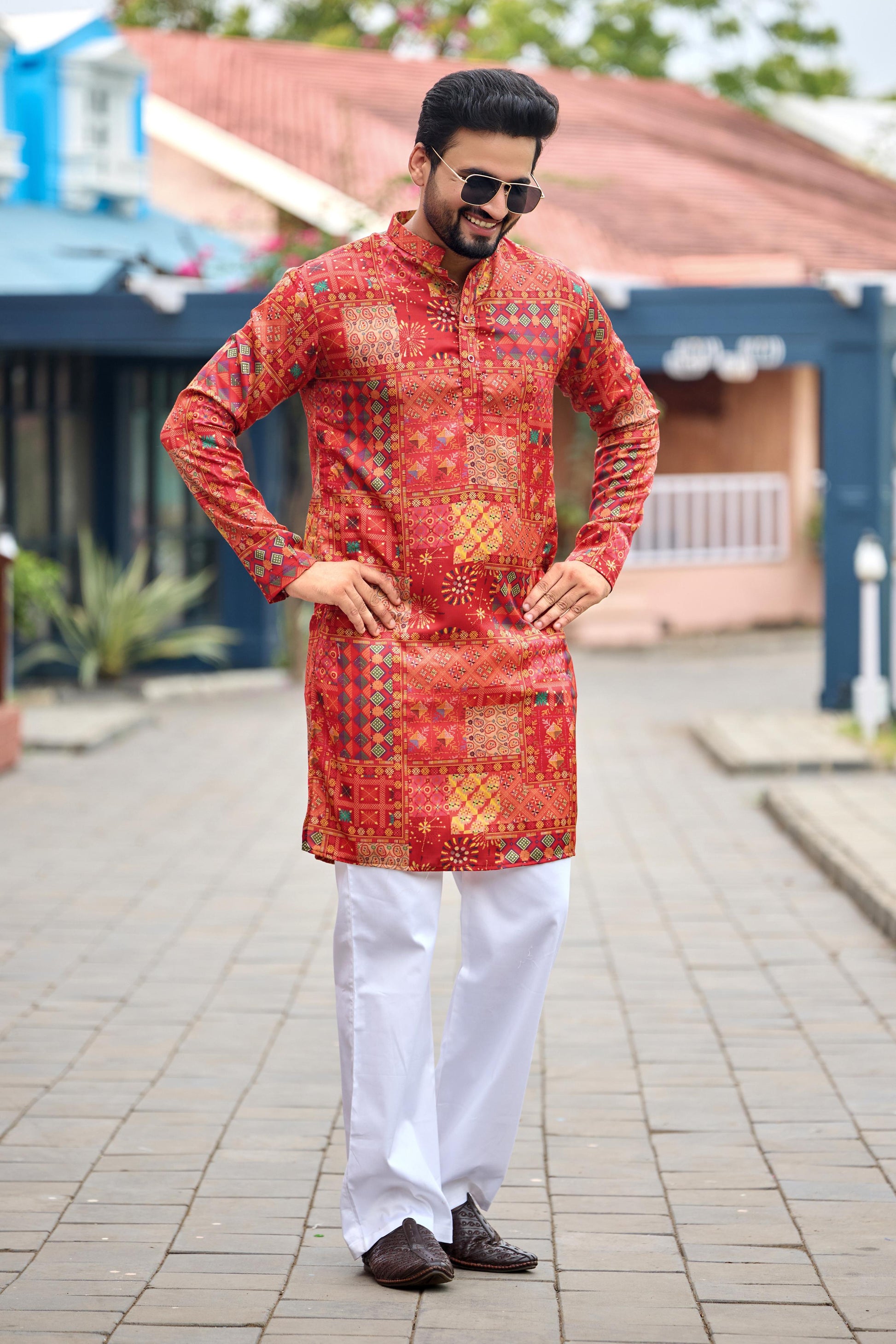 Crimson Red Foil Printed Kurta with Pant Set